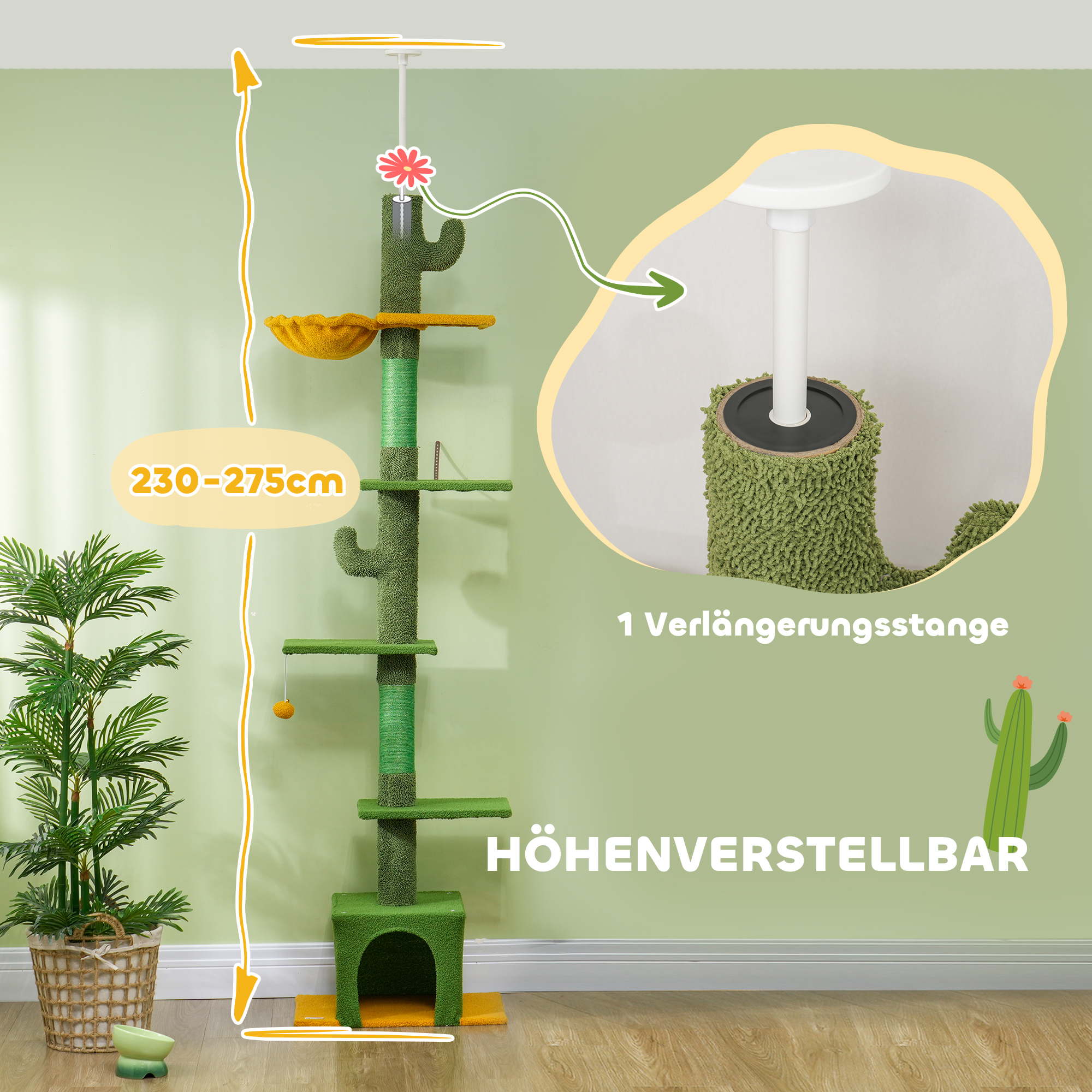 Kõrgusega reguleeritav kassipuu 230–275 cm, ruumisäästlik, mängukeskus võrkkiigega, roheline