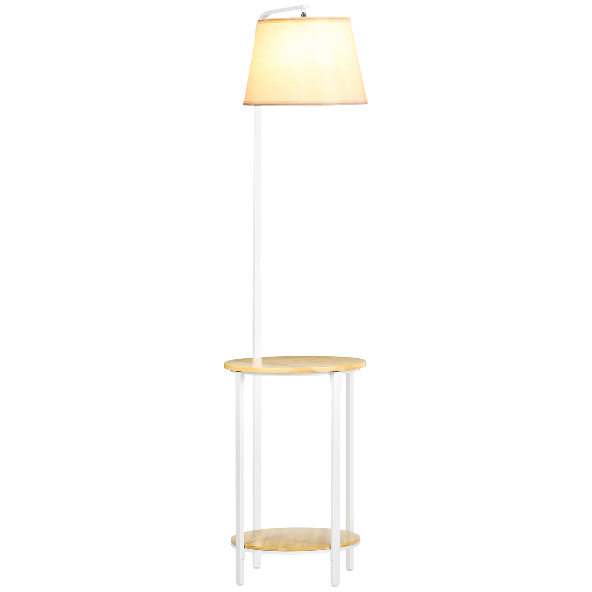 HOMCOM Lampe sur pied lampadaire salon avec abat-jour en tissu 2 étagères rondes en bois interrupteur au pied hauteur 162 cm blanc