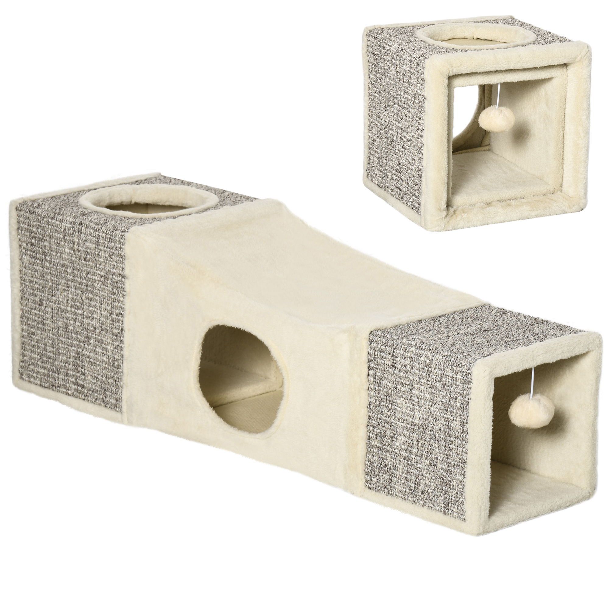 PawHut Túnel para Gatos com Bola Supensa Dobrável com Múltiplas Entradas Caverna de Sisal 98x30x30 cm Creme e Cinza