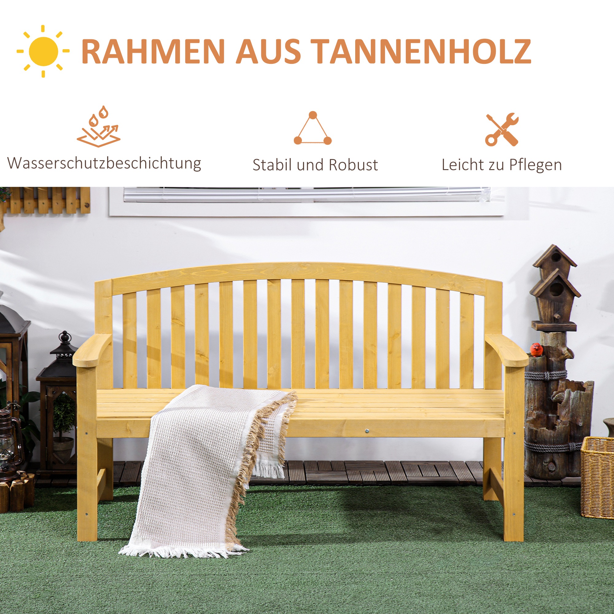 2-kohaline puidust aiapink, ilmastikukindel, seljatoega aiamööbel, kandevõime 240 kg, 140 x 50 x 85 cm, oranž