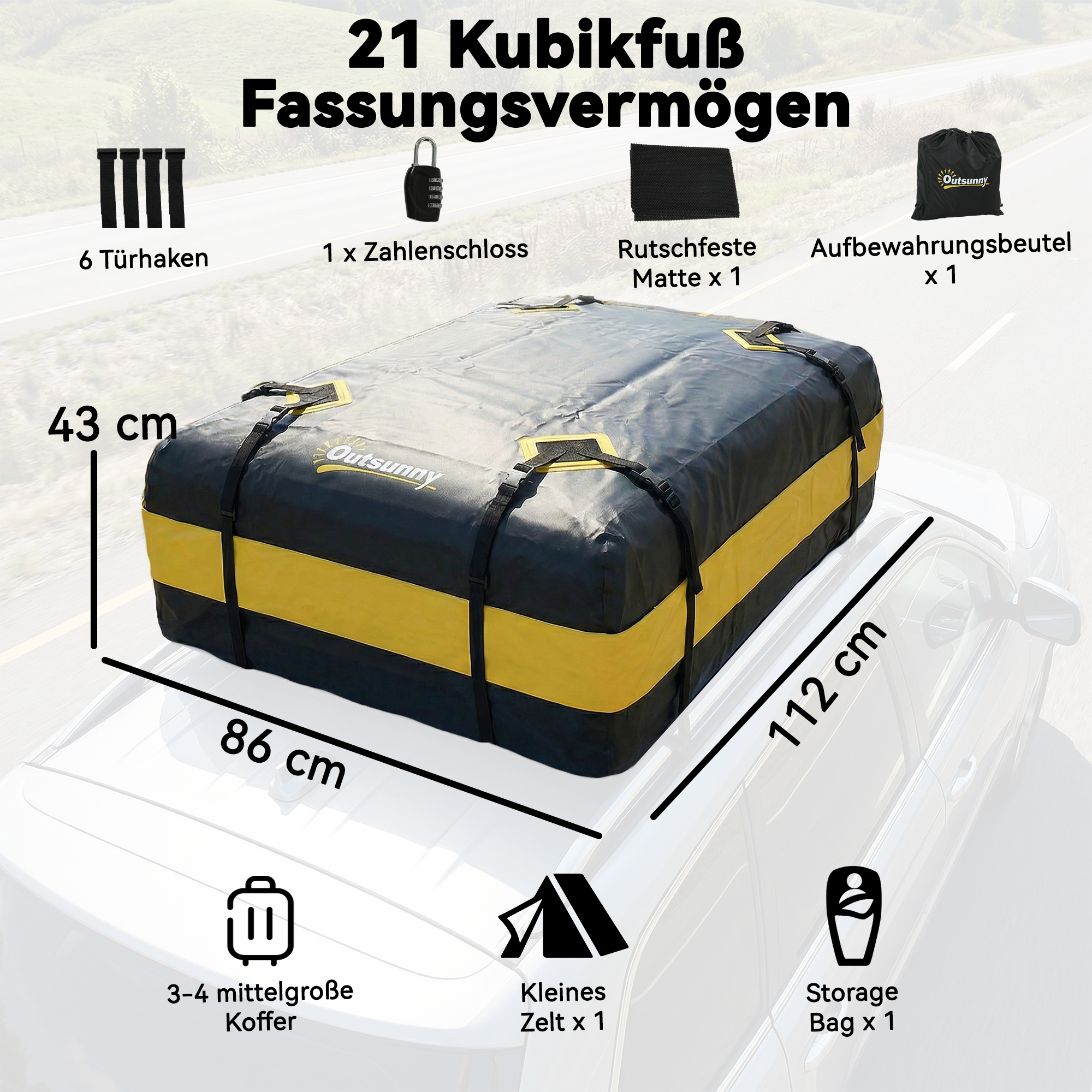 Veekindel 425L auto katuseboks sõidukite katustele katuseraamiga/ilma, pagasiboks 8 tugevdatud rihma ja uksekonksudega, kollane