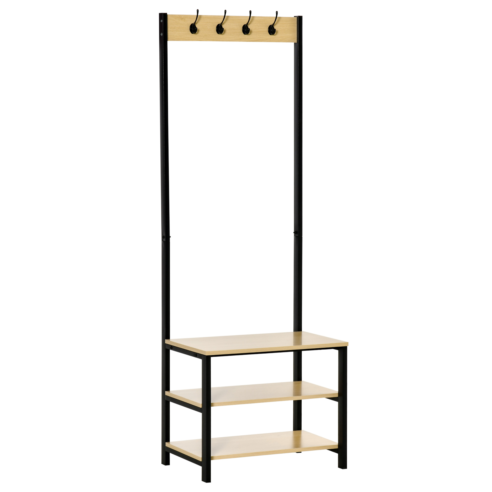 HOMCOM Porte-manteau vestiaire d'entrée dim. 60L x 40l x 175H cm 3 étagères 4 patères double crochet MDF bois clair acier noir HOMCOM Porte-manteau vestiaire d'entrée dim. 60L x 40l x 175H cm 3 étagères 4 patères double crochet MDF bois clair acier noir