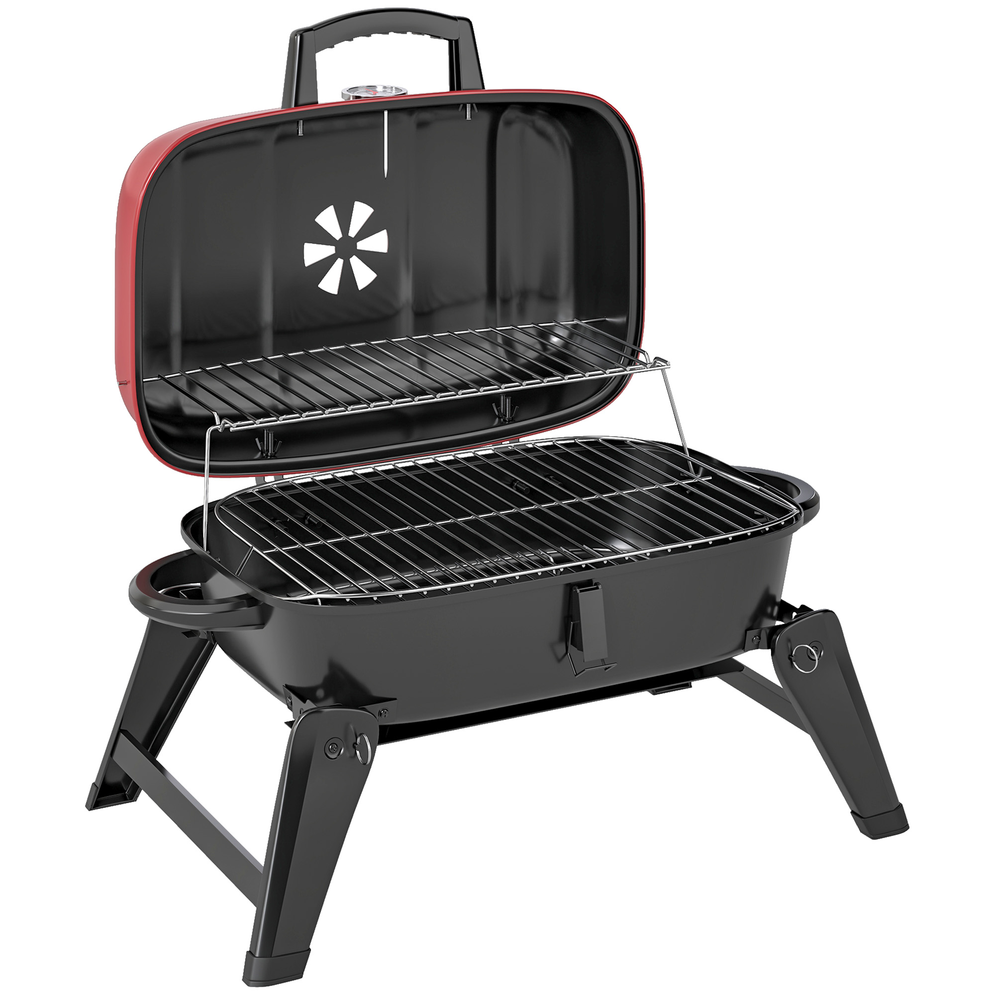 Outsunny Red Charcoal Barbecue Grill Folding Bbq Grill With 1232 Cm² Cooking Area, Adjustable Vent, Thermometer, Handles For Camping Picnic,