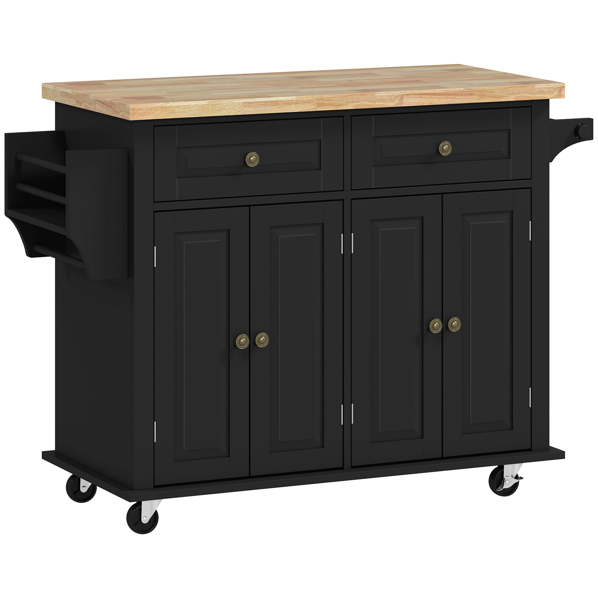 HOMCOM Isla de Cocina con Ruedas Mueble Auxiliar de Cocina con Especiero y Barra Lateral 111x44,5x82,5 cm Negro
