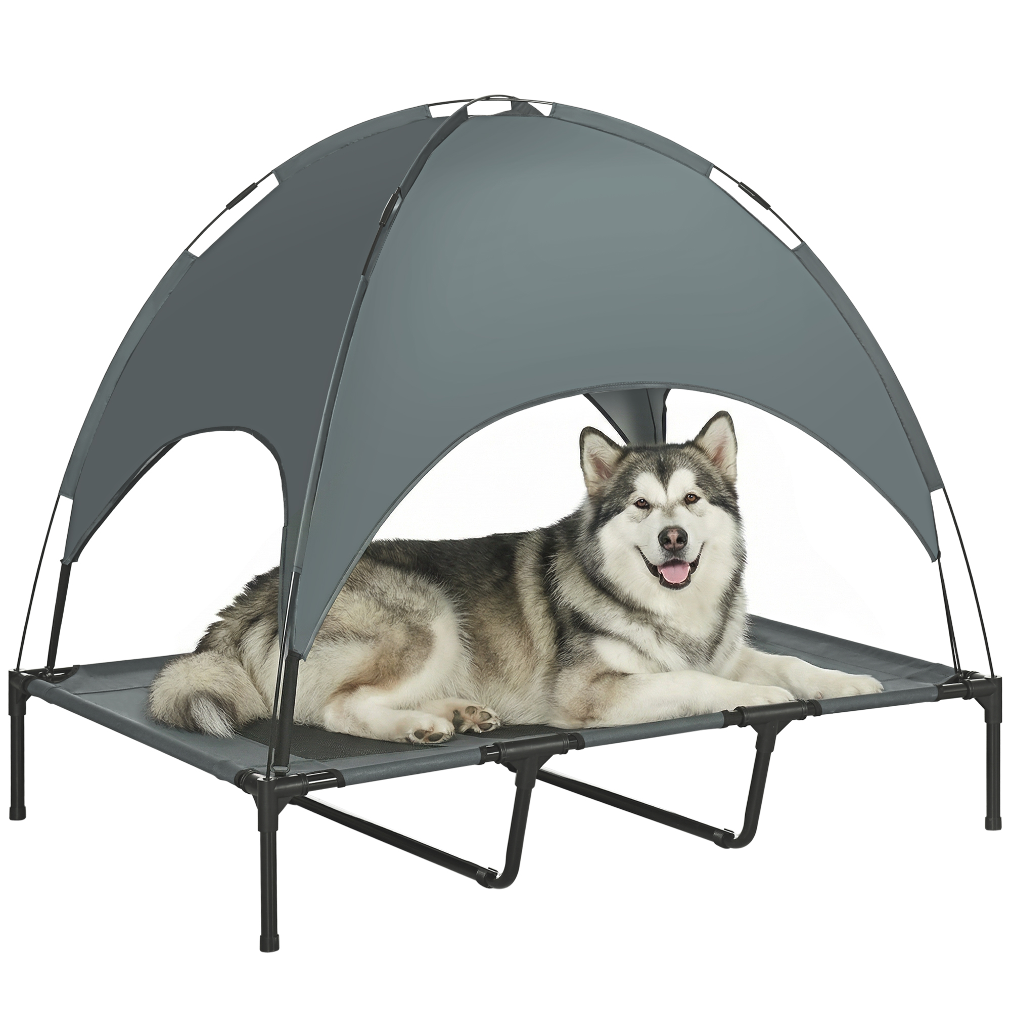 PawHut Lit Chien Sureleve avec Parasol, Lit de Camp Chien Chat sur Pieds Tissu Oxford Respirant, Anti-UV Cadre en Métal Sac de Transport Inclus Couchage Extérieur pour Chat 122 x 92 x 108 cm Gris Noir