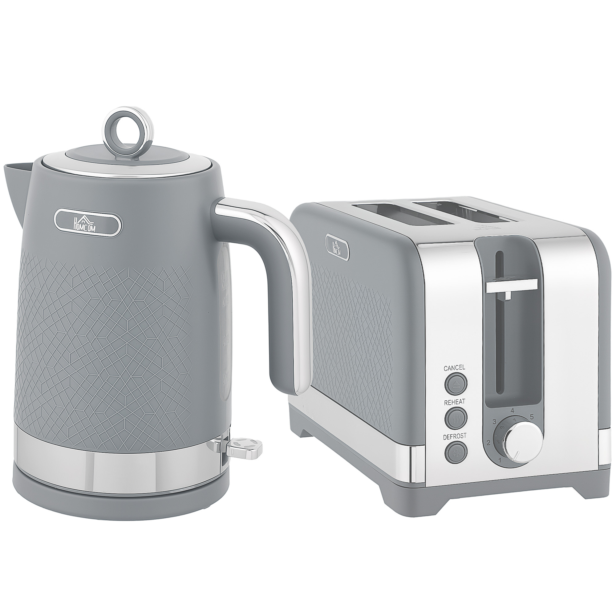 HOMCOM Wasserkocher- und Toaster-Set, 1,7 l 2200 W Schnellkoch-Wasserkocher mit Thermostat und Kalkfilter, 2-Scheiben-Toaster mit 7 Bräunungsstufen, Krümelschublade, Grau Aosom