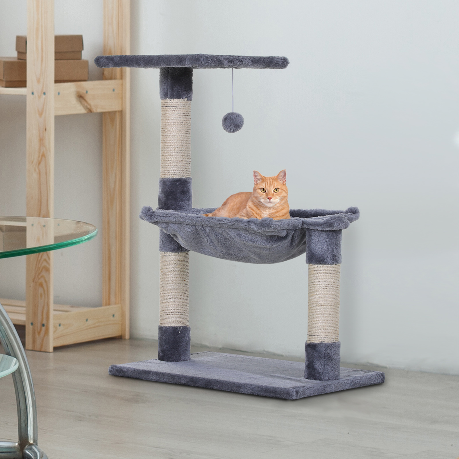 PawHut Kattenboom 3 Verdienpingen met Hangmat en Sisal Paal Zachte Pluche Bekleding 10 kg Draagvermogen Grijs Kleur | Aosom.nl