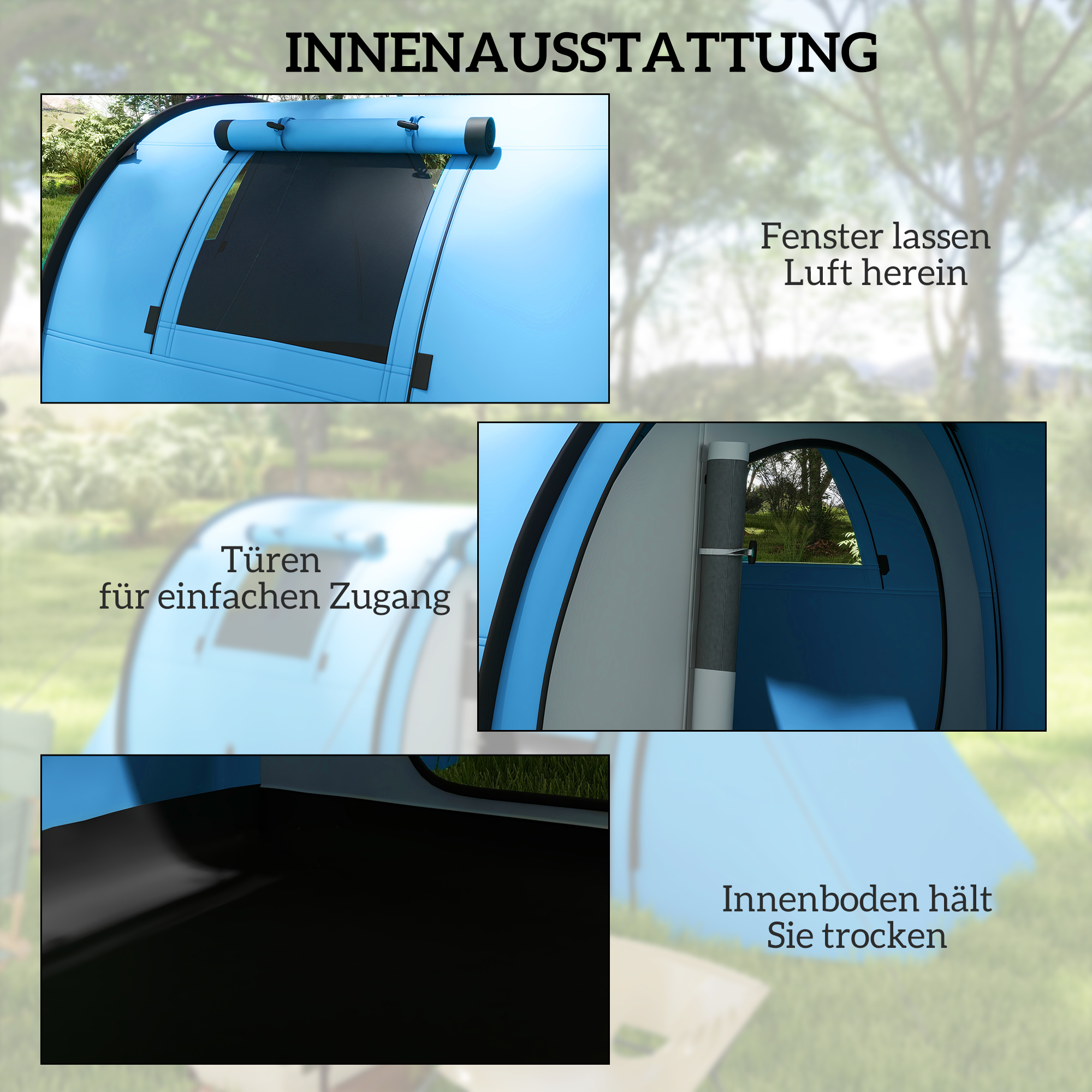 Matkatelk 3-4 inimesele, stabiilne, veekindel, peretelk magamistoa/elutoaga, 3000 mm veesammas, taevasinine