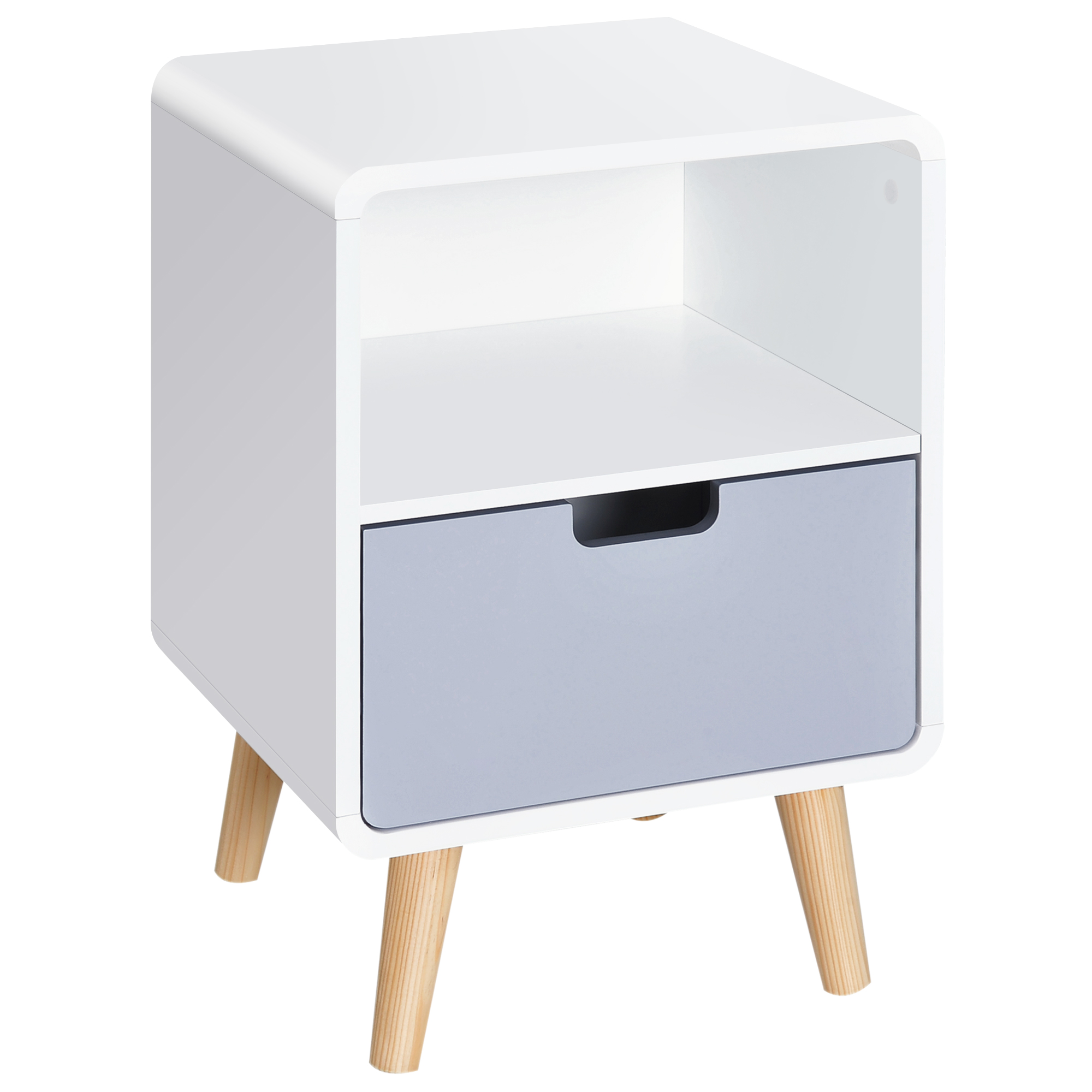 Homcom White, Grey, Natural Wood Bedside Cabinet In Scandinavian Design, Storage Nightstand With Drawer, White/Grey/Natural, 40Lx38wx58h Cm | Aosom Uk