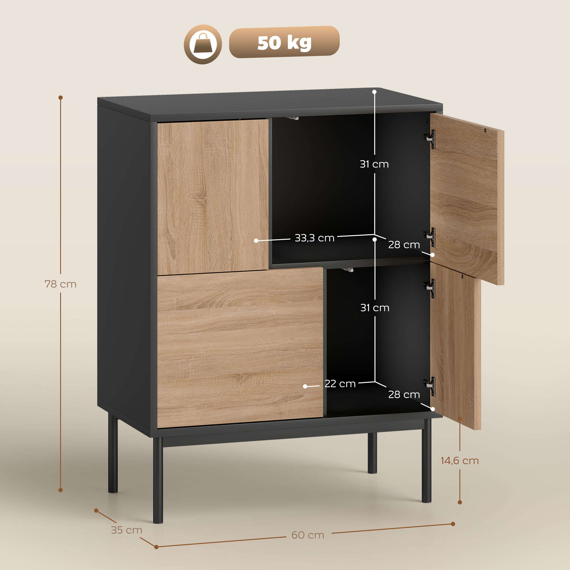 Kummut avatavate ustega, söögitoa kapp metalljalgadega, köögikapp, MDF, must + naturaalne puit
