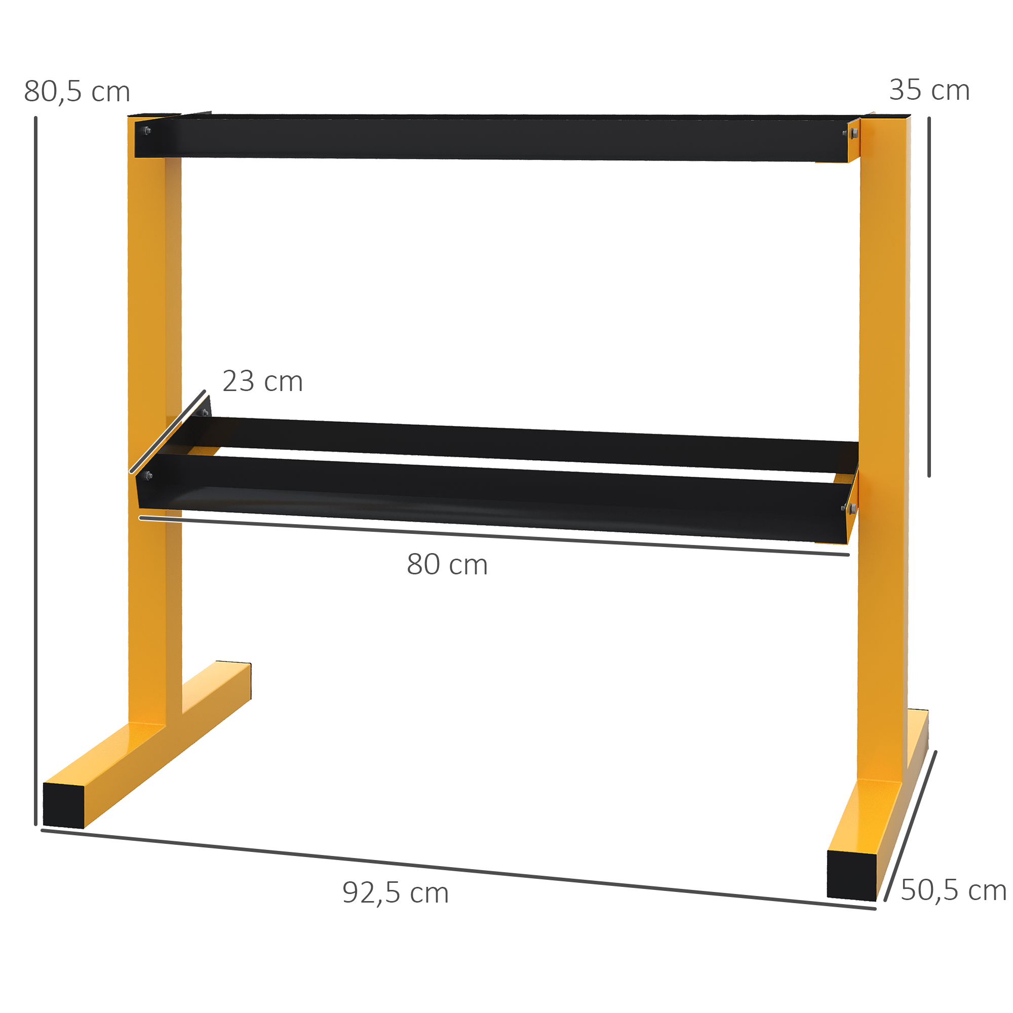 Hantlite kangialus, kuni 270 kg, 2 riiulit, terasraam, kollane, 92,5 x 50,5 x 80,5 cm