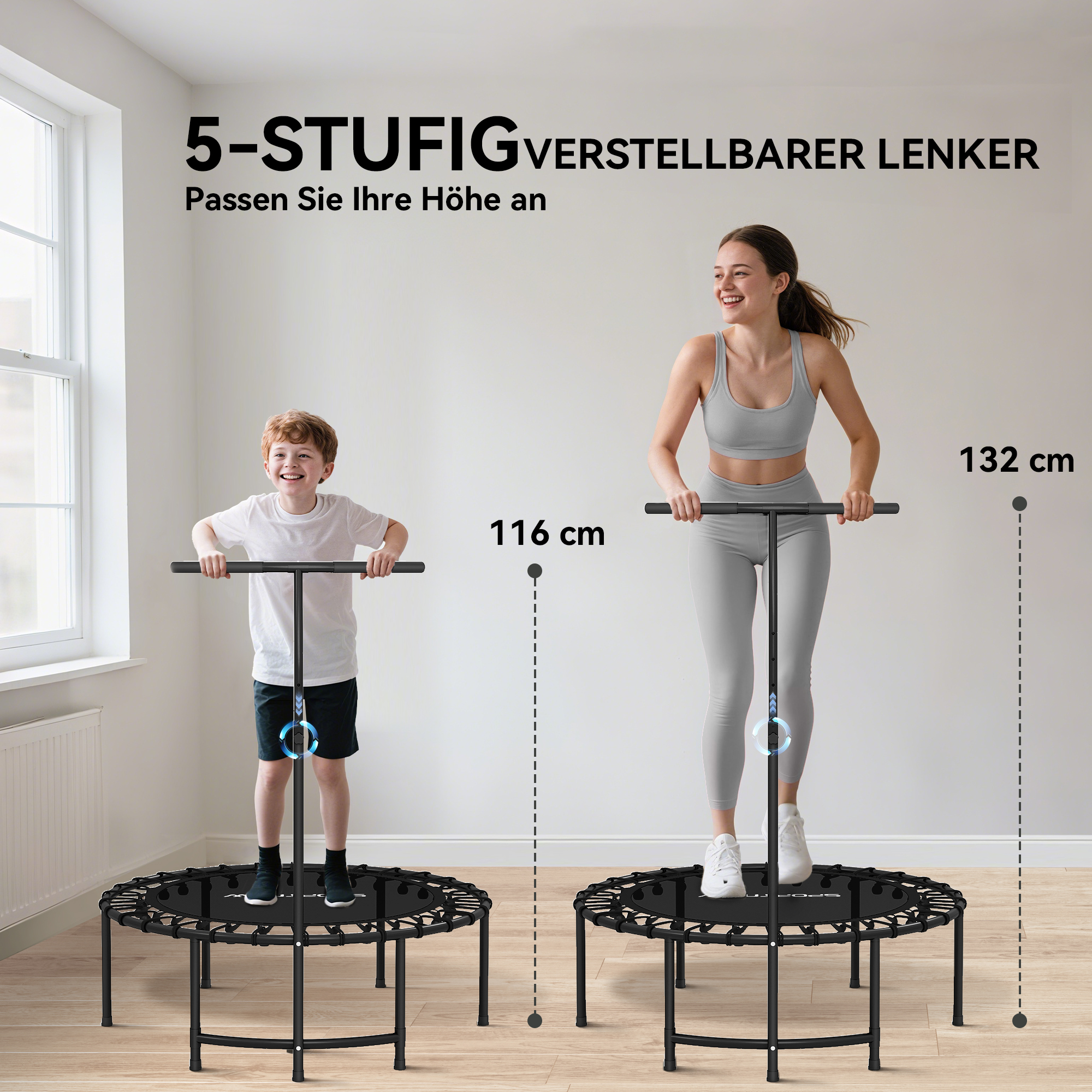 Rebounder batuut, 5-astmeline reguleeritav käepide, treeningbatuut, must