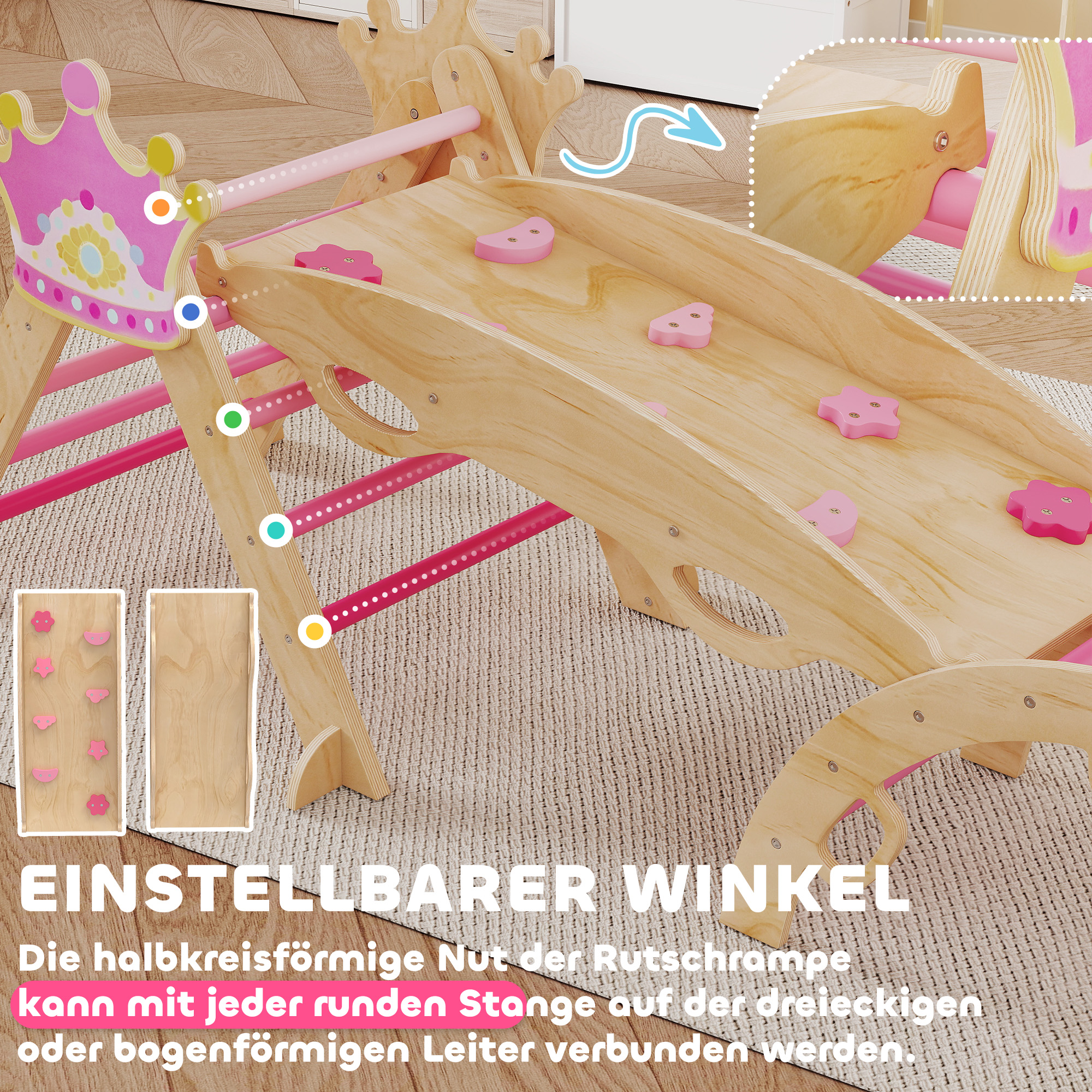 6-ühes laste ronimisraam, printsessi disain, liumägi, kaldtee, kaar, puit