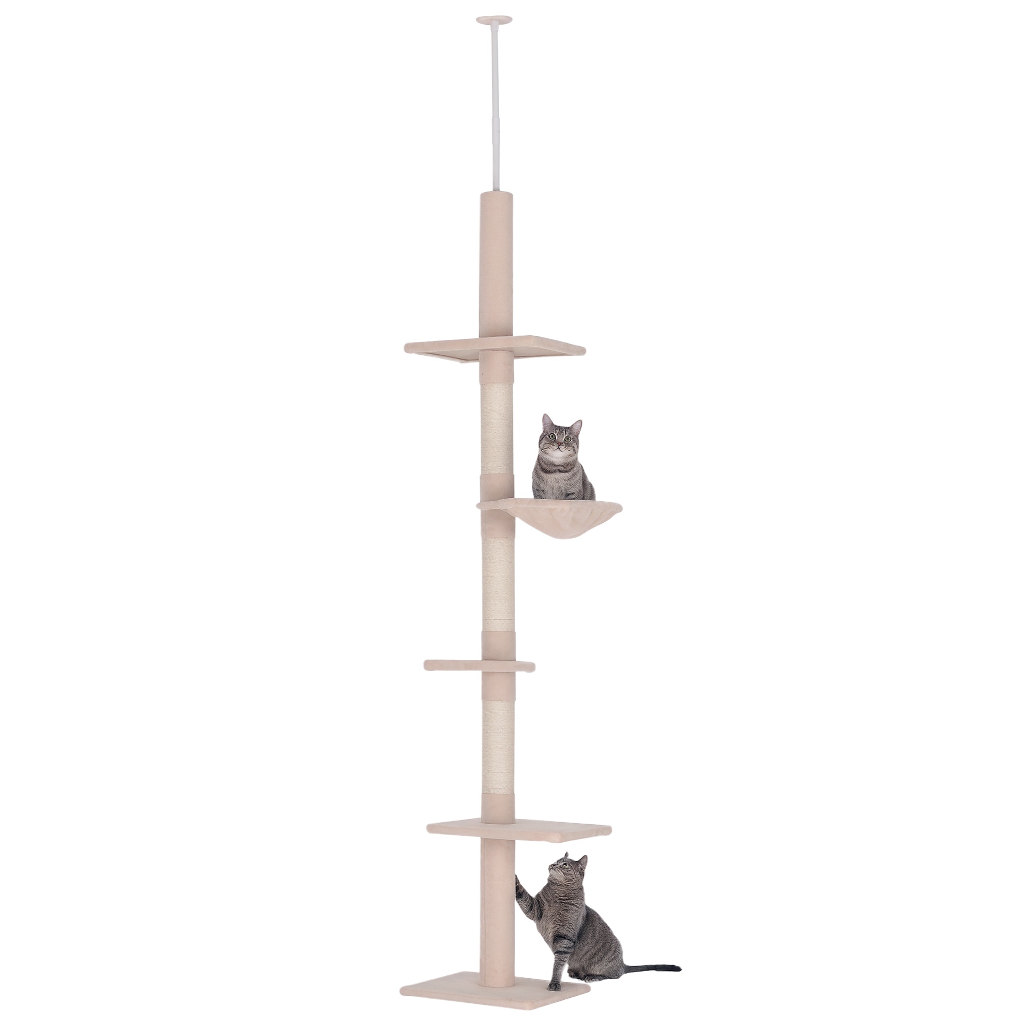 PawHut Arbre chat du sol au plafond poteau à griffer L40 x l 34 x H 230-260 cm 5 niveaux d'activités beige