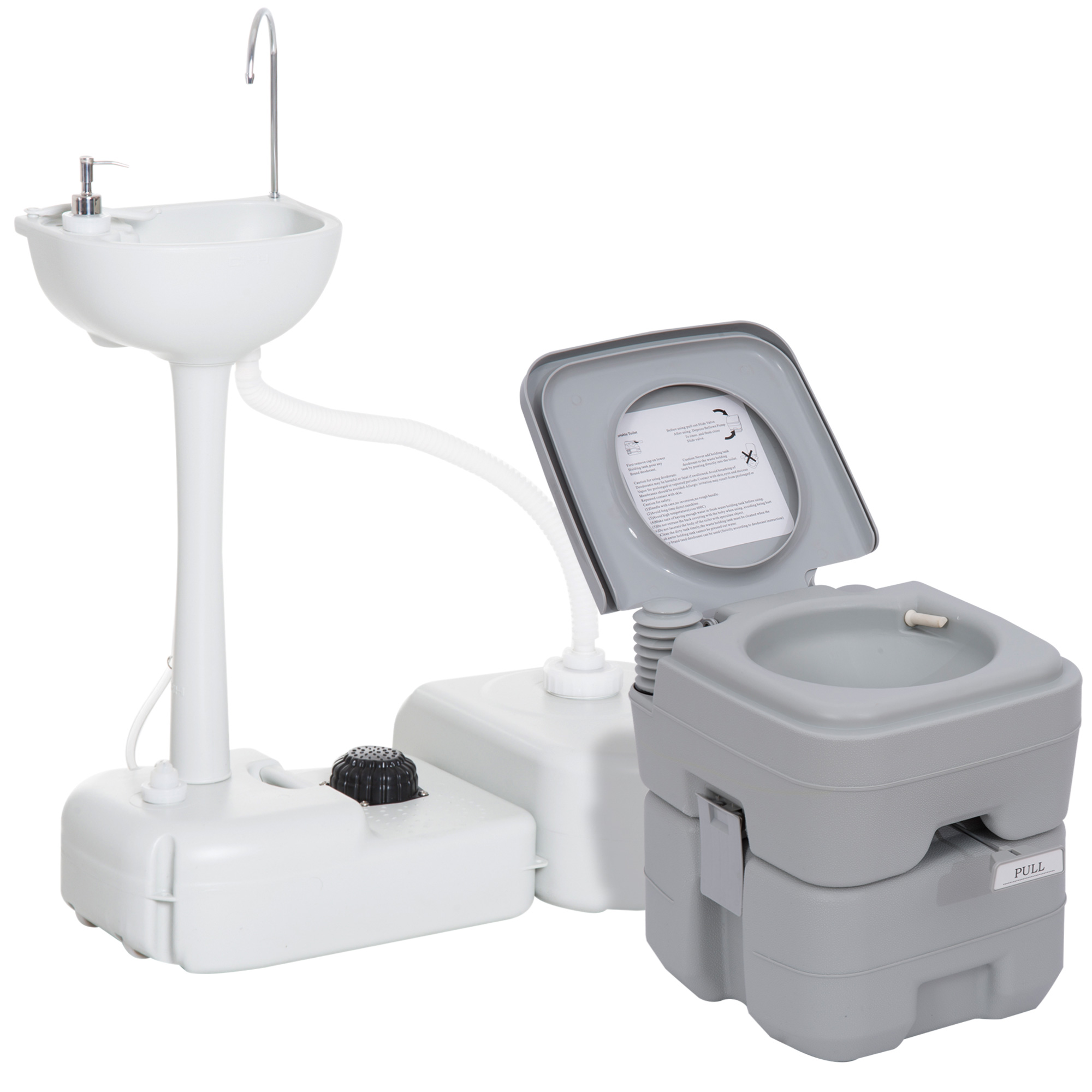 Outsunny Grey Portable Toilet And Camping Sink Set With Fresh And Waste Tank, Wastewater Recycled Set For Outdoor Events