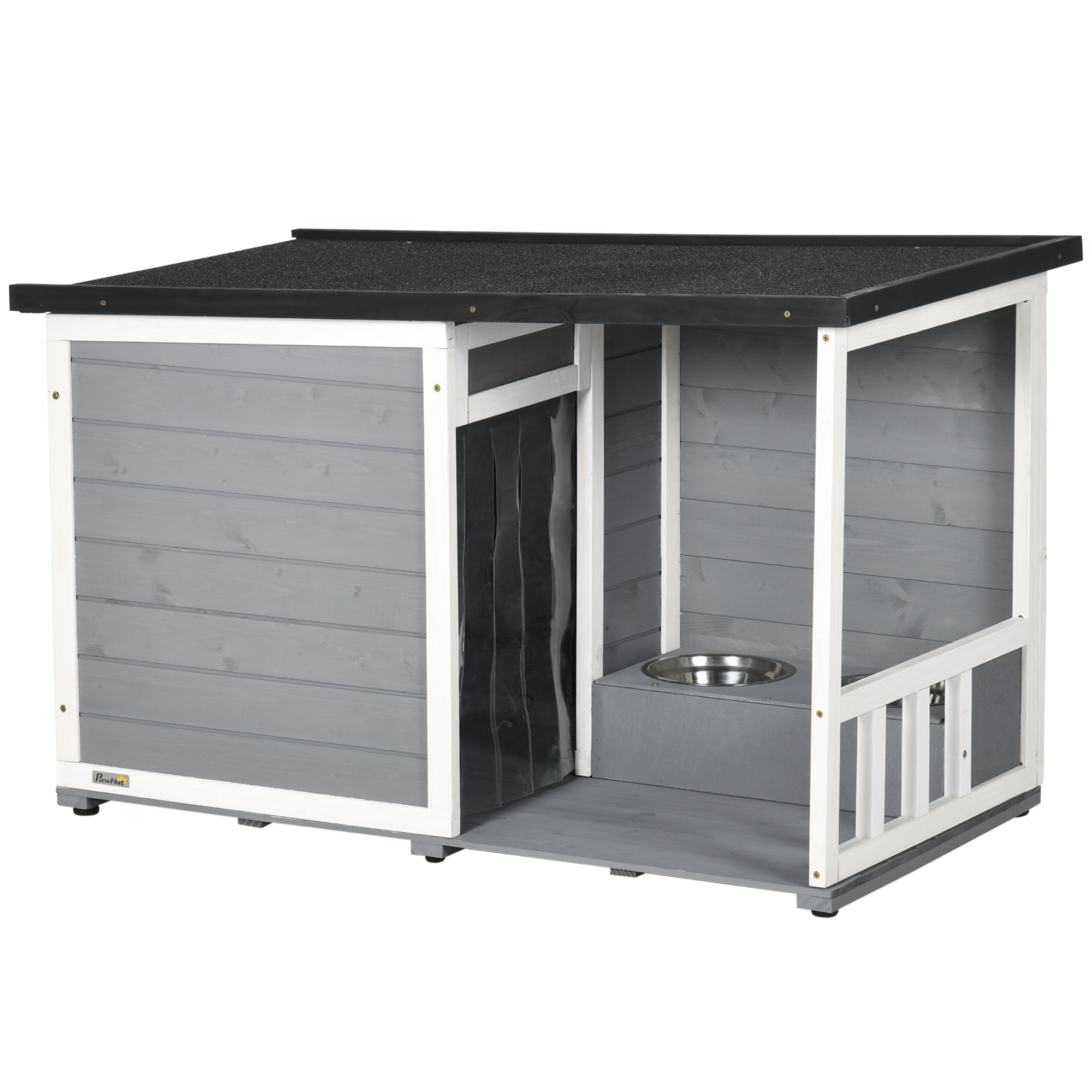 PawHut Hundehütte mit Terrasse aus Tannenholz, wetterbeständig, mit 2 Schüsseln & Asphaltdach, Grau, 103x62x60-66cm Aosom.de