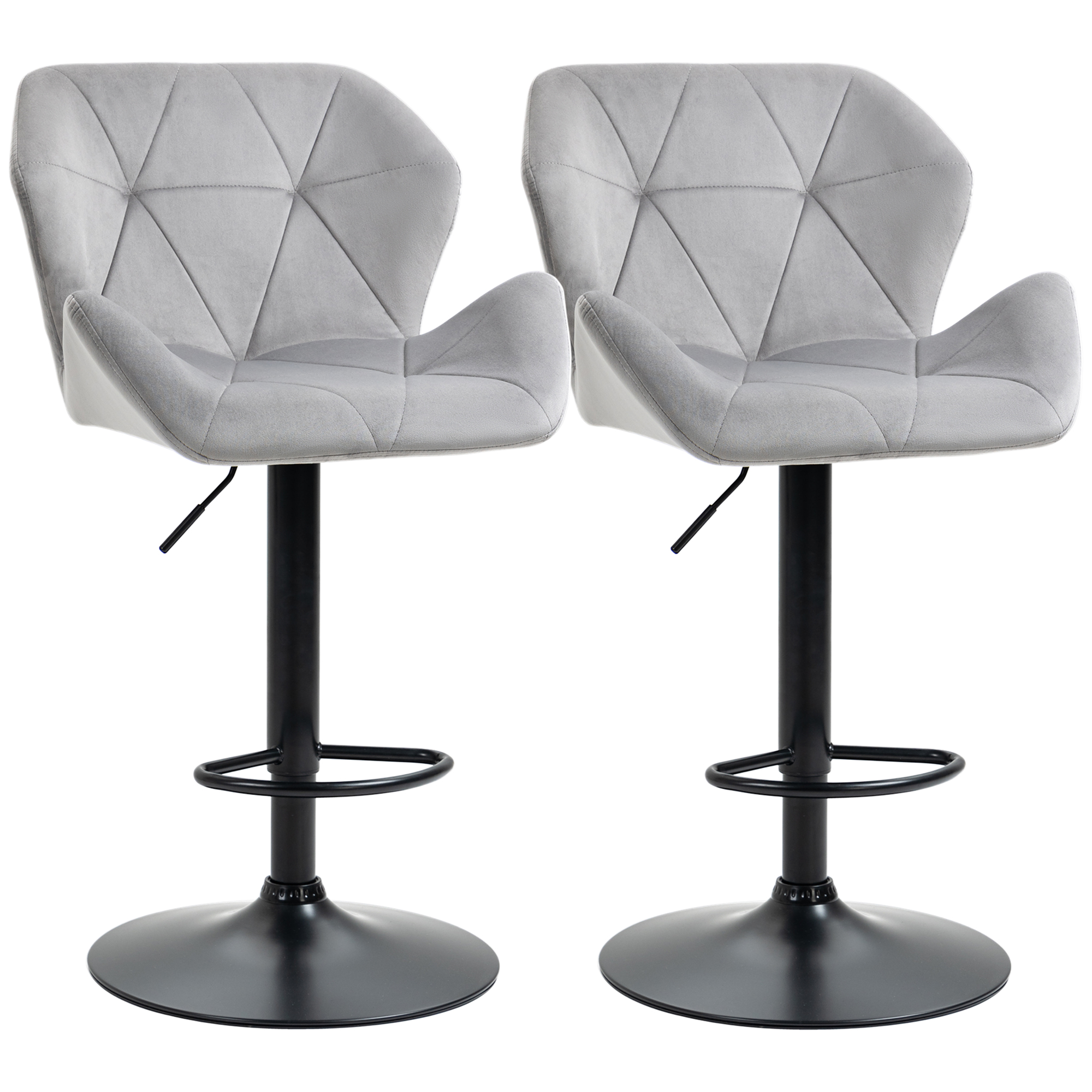 HOMCOM Bar Stools Set Of 2, Luxurious Velvet-Touch Barstools with Metal Frame Footrest Round Base Triangle Indenting Moulded Seat Adjustable Height Swivel Grey HOMCOM Bar Stools Set Of 2, Luxurious Velvet-Touch Barstools with Metal Frame Footrest Round Base Triangle Indenting Moulded Seat Adjustable Height Swivel Grey