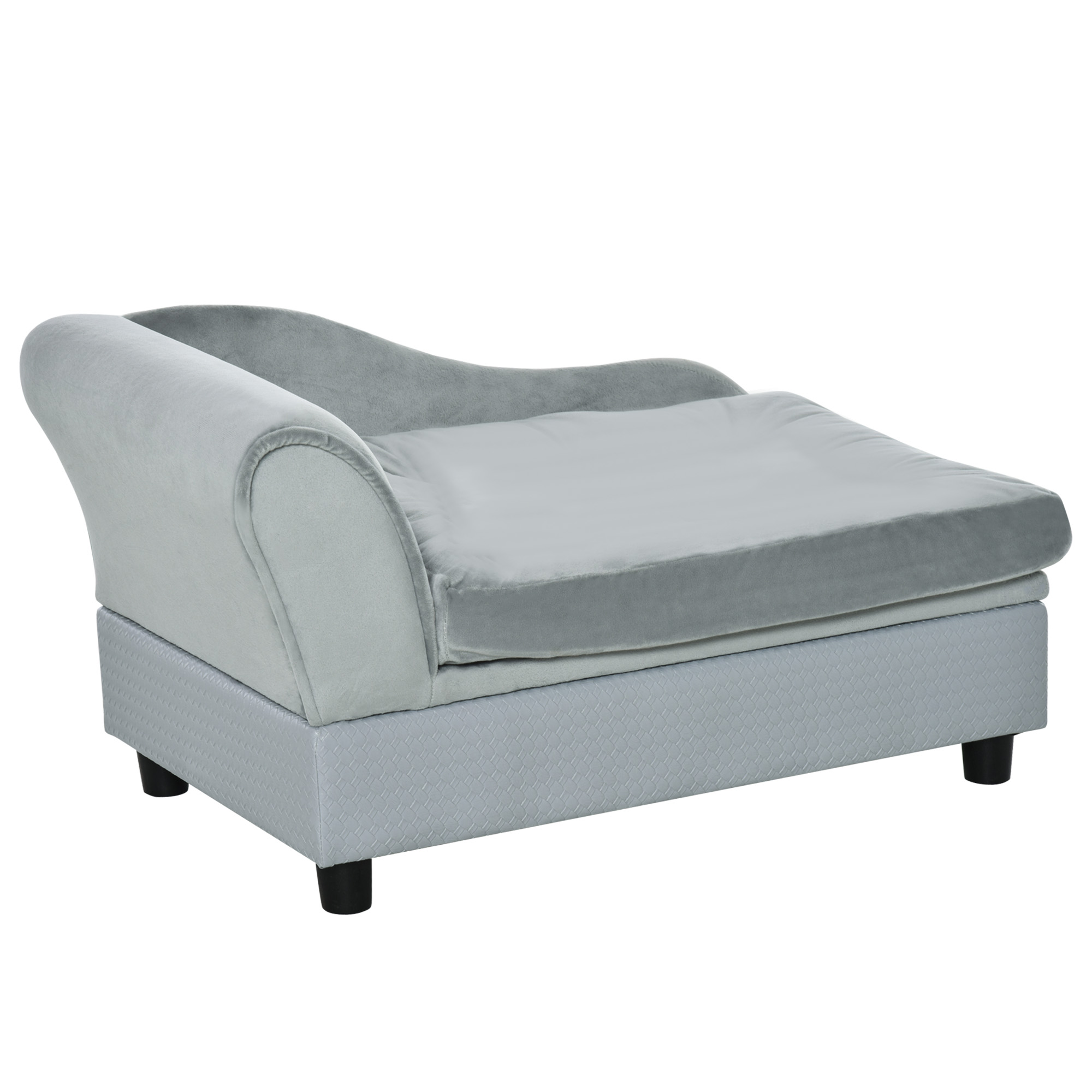 PawHut Divano per Cani con Spazio Portaoggetti e Cuscino, in Legno e Poliestere, 76x45x43 cm, Grigio Chiaro