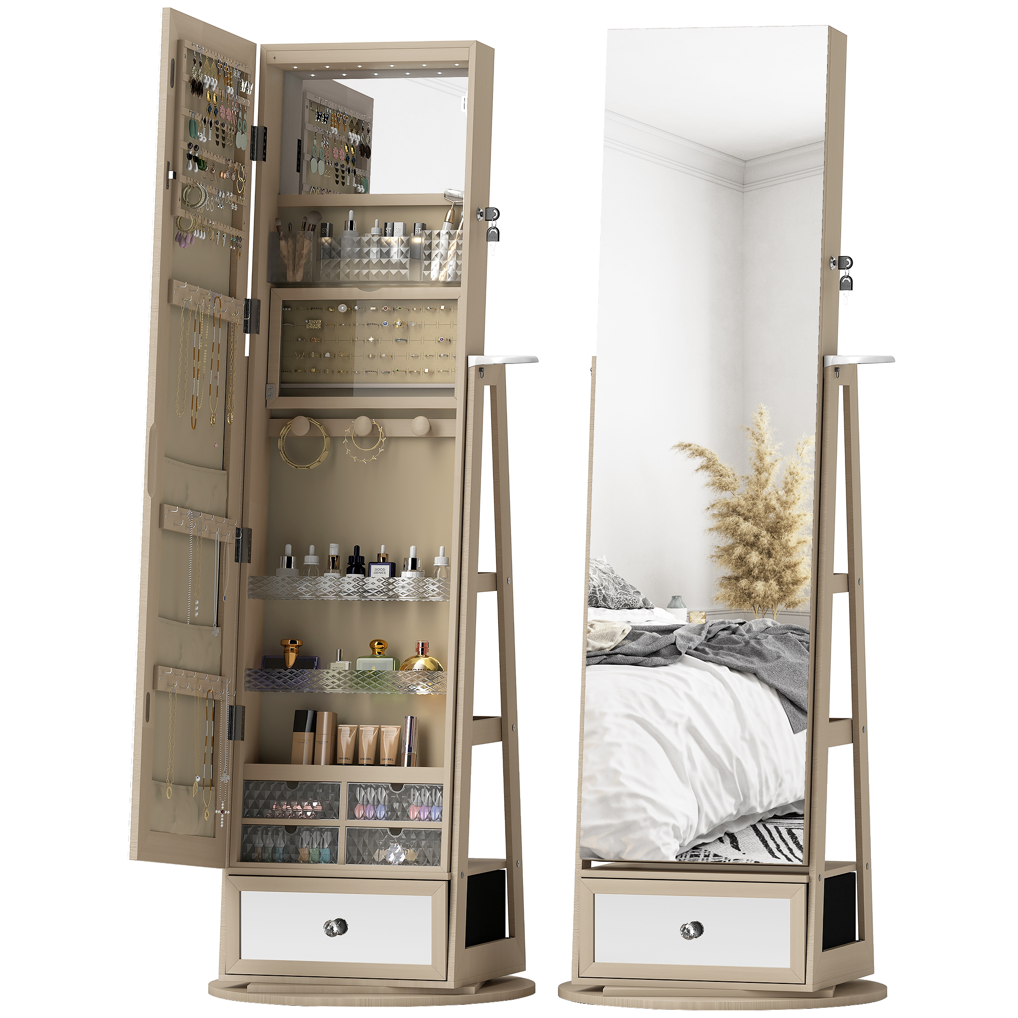 HOMCOM Espejo Joyero con Luces LED Armario Joyero con Espejo Entero Giratorio de 360° Cajón Cerradura Natural | Aosom España