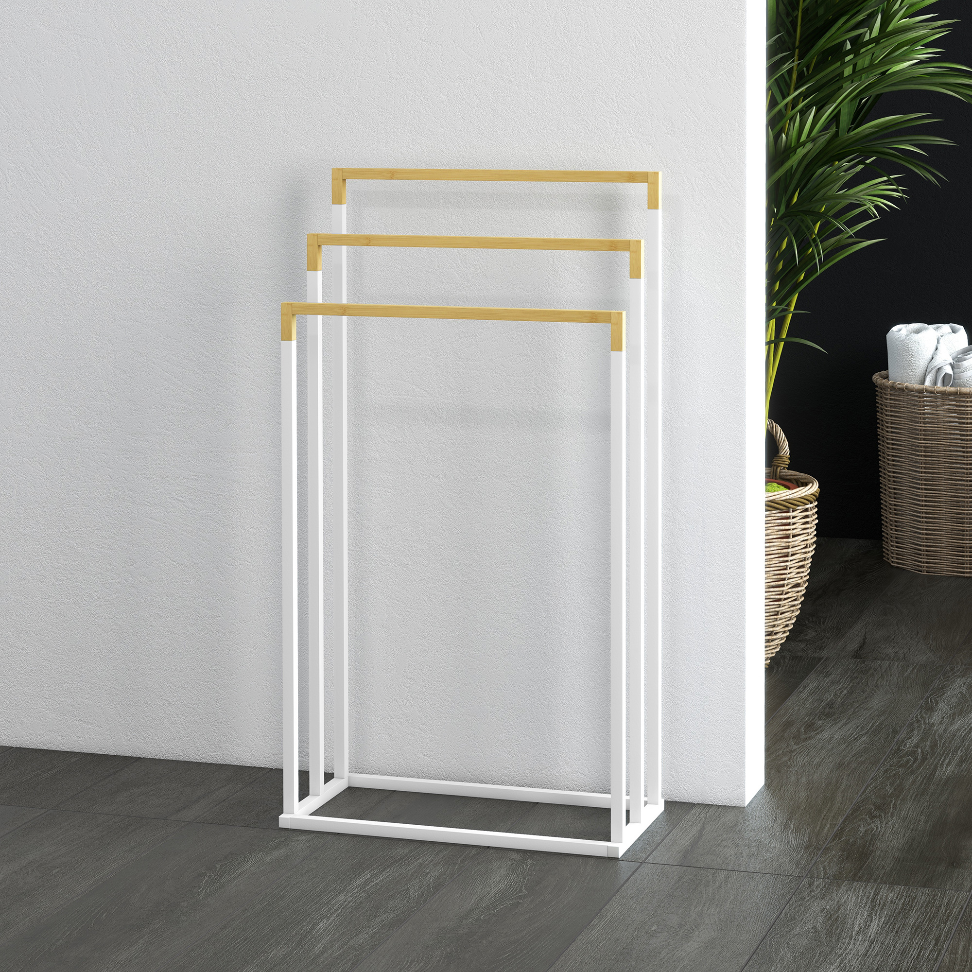 Käterätikuivati ​​komplekt 3 rätikuhoidjaga, tööstusdisain, bambus, 45 x 22,5 x 86 cm, valge + naturaalne