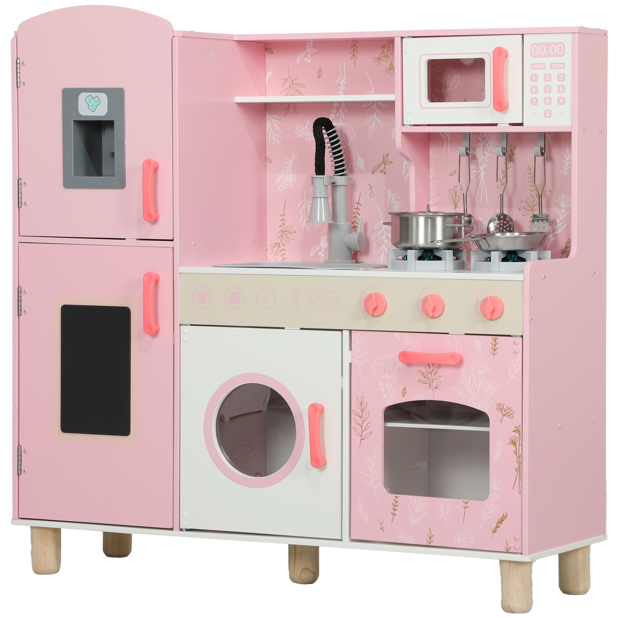 AIYAPLAY Cocina de Madera Infantil con Sonido Fogón Horno Grifo Fregadero Microondas Lavadora Máquina de Hielo Rosa