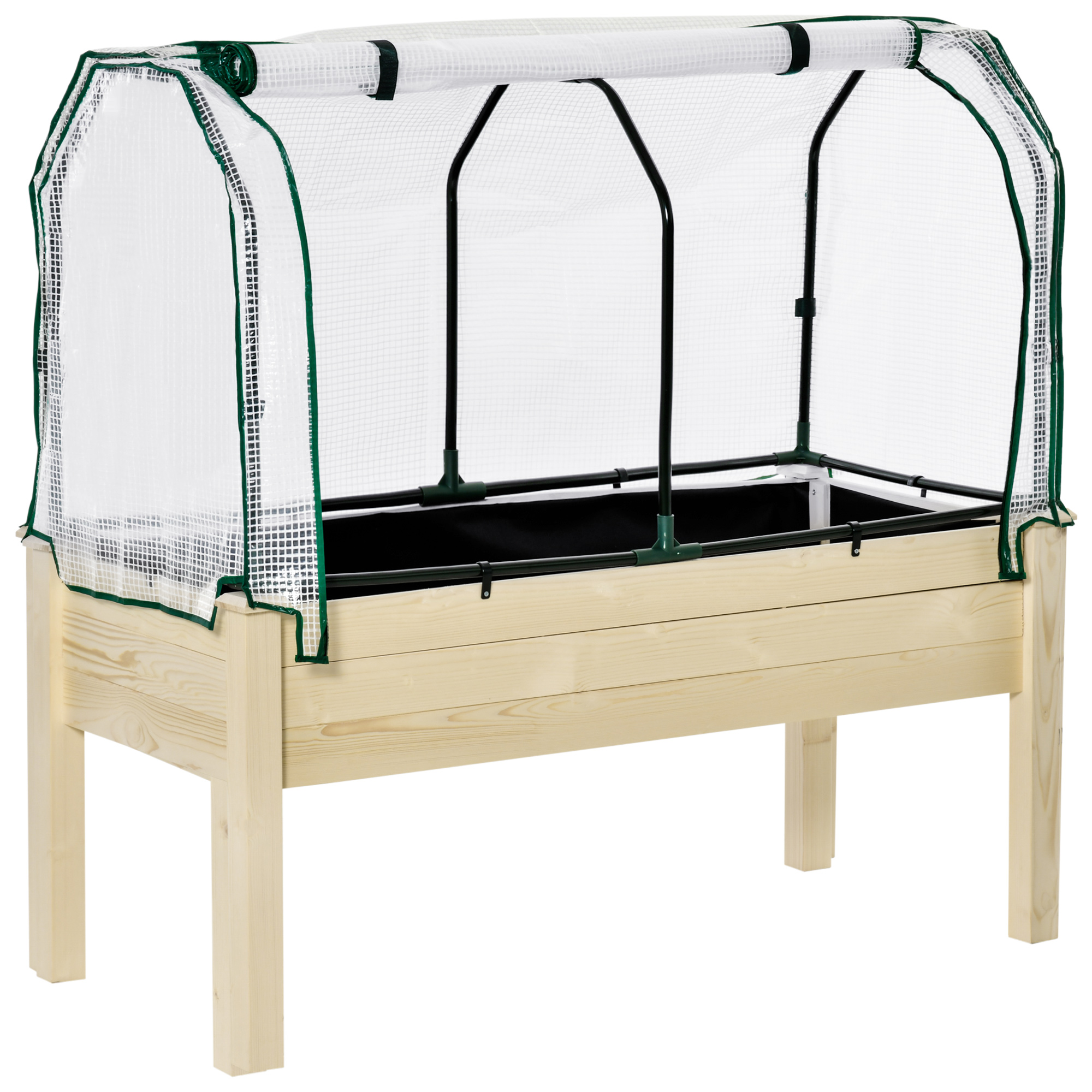 Outsunny verhoogde kweekbak, duurzaam houten frame, oprolbare folieafdekking voor optimale luchtcirculatie, 121x55x117 cm, Natuurlijk hout | Aosom.nl