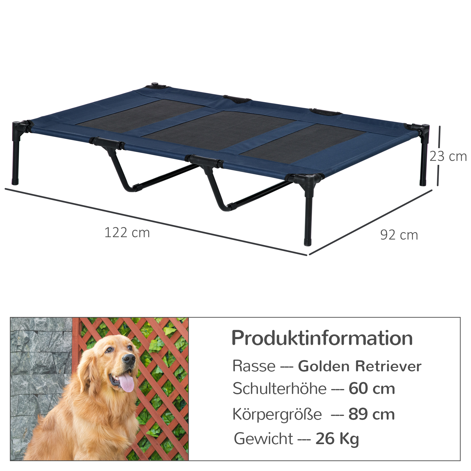 Kokkupandav koeravoodi, õuekoeravoodi, kõrgendatud alus, 122 cm x 92 cm x 23 cm, sinine + must