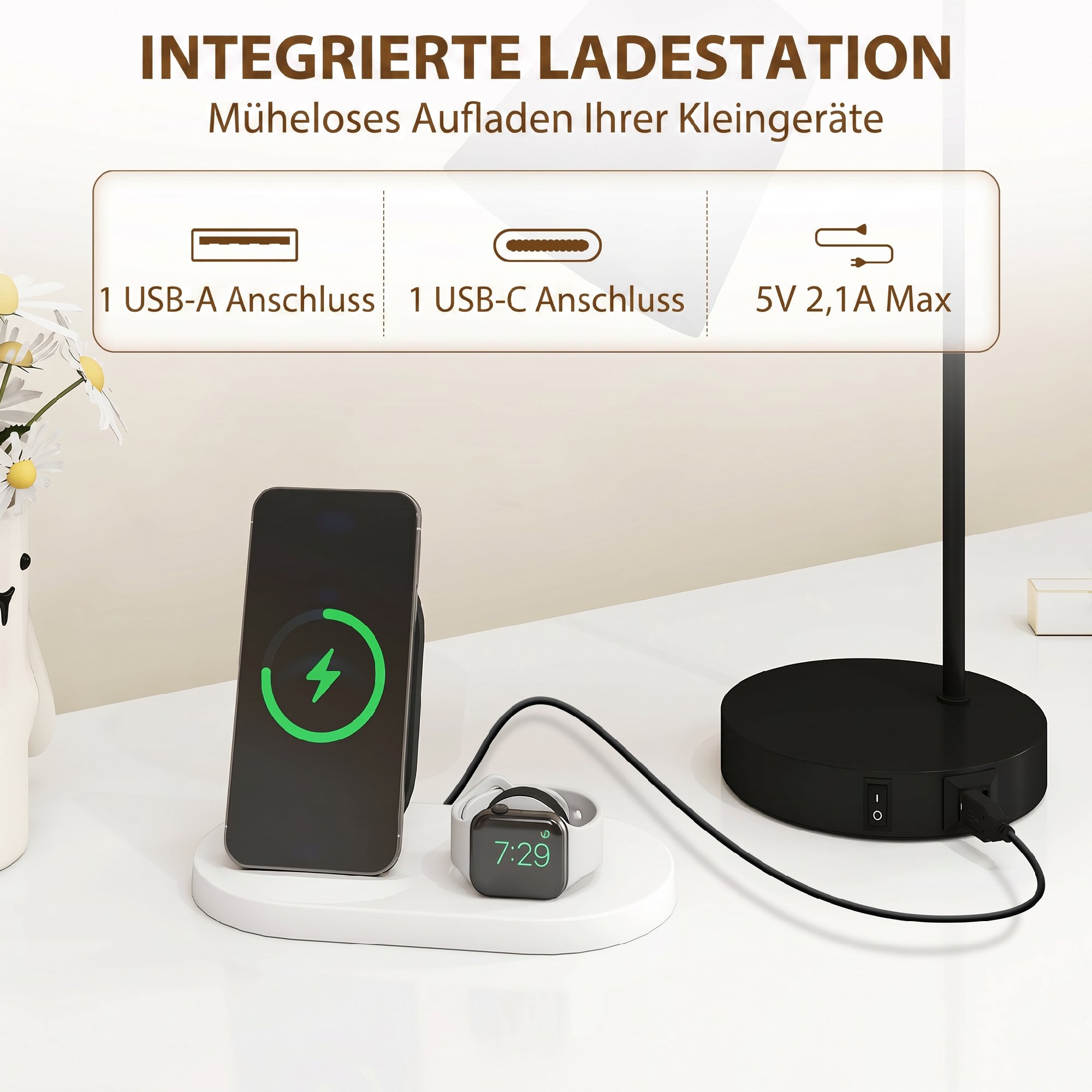 Laualampide komplekt, 2 osa, moodsad lambid USB-A ja USB-C portidega magamistuppa, elutuppa ja kontorisse, must