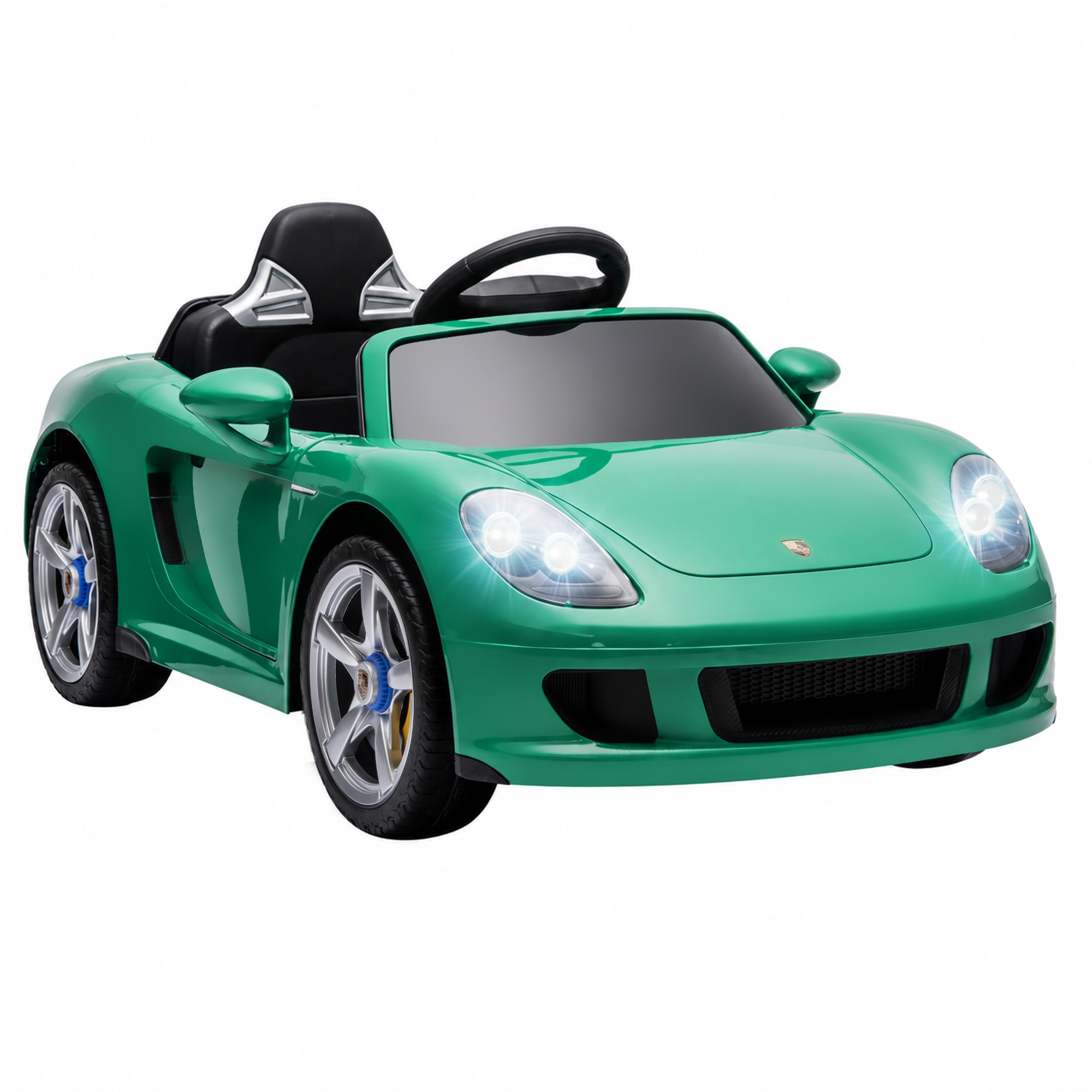 AIYAPLAY Elektro-Kinderauto 12 V Porsche Carrera GT, 2 Motoren, Fernbedienung, Federung, 3 Geschwindigkeiten, Öffnende Türen, Scheinwerfer, Musik, USB, Gurt, 3-6 Jahre, Grün   Aosom
