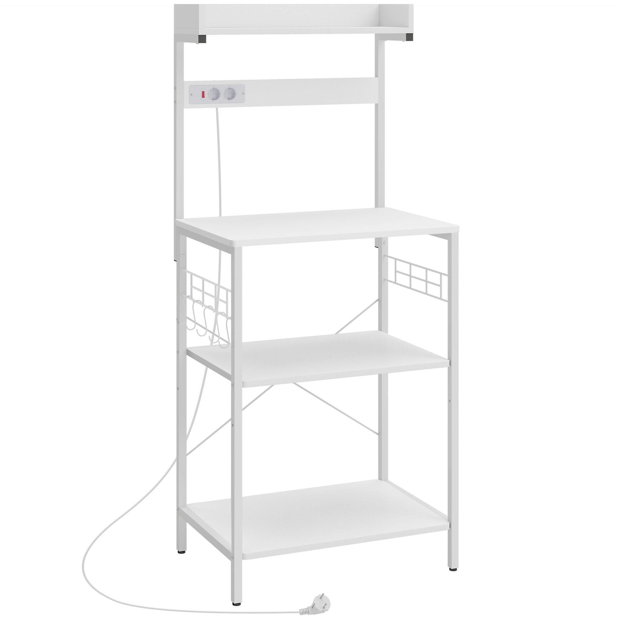 HOMCOM Estantería de Cocina con 2 Tomacorrientes Estante para Microondas Estante Ajustable Ganchos 60x42x137 cm Blanco