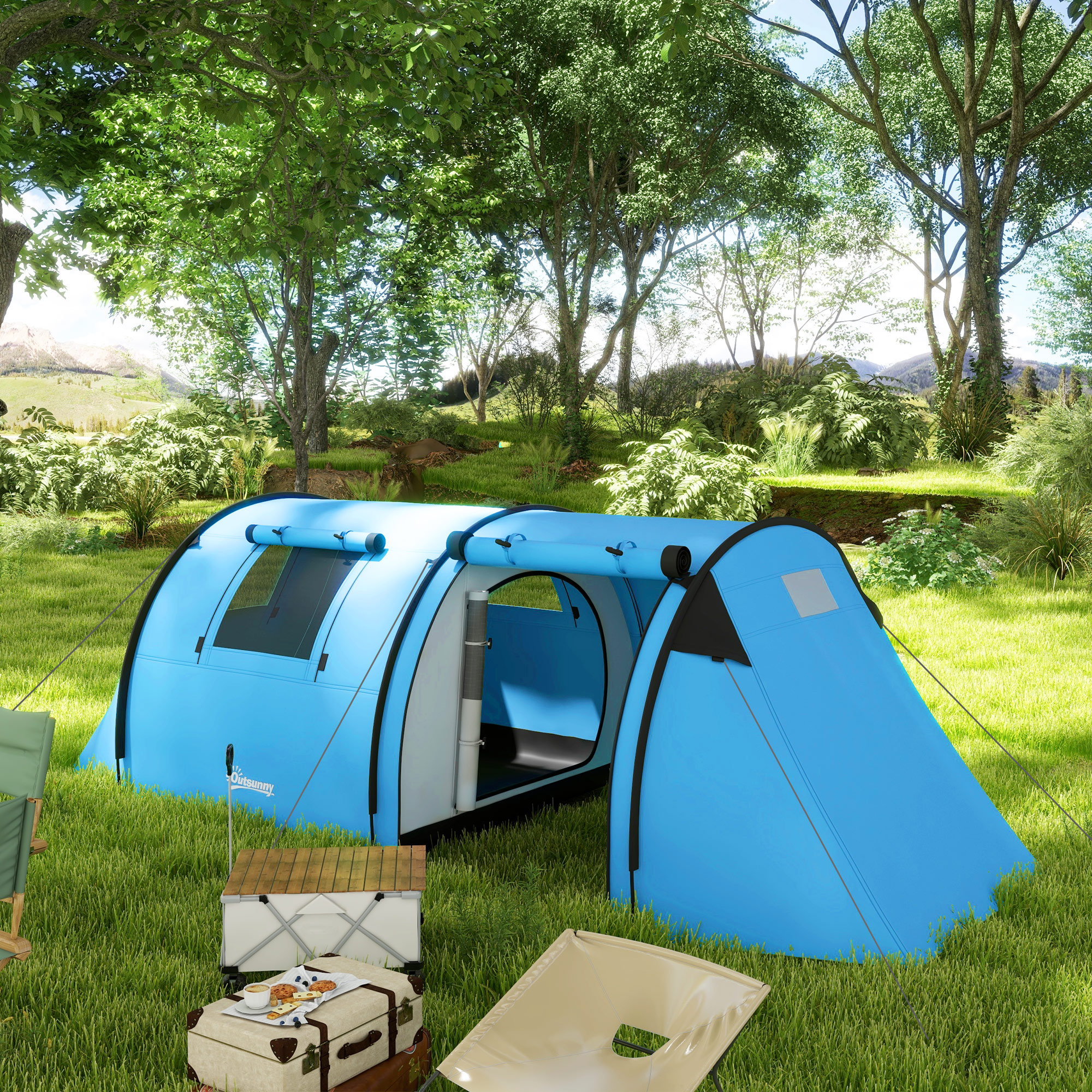 Outsunny Campingzelt für 3-4 Personen stabil wasserdicht Familienzelt mit Schlafzimmer Wohnzimmer, Kuppelzelt mit 3000mm Wassersäule Tunnelzelt Zelt für Camping Reise, Himmelblau   Aosom