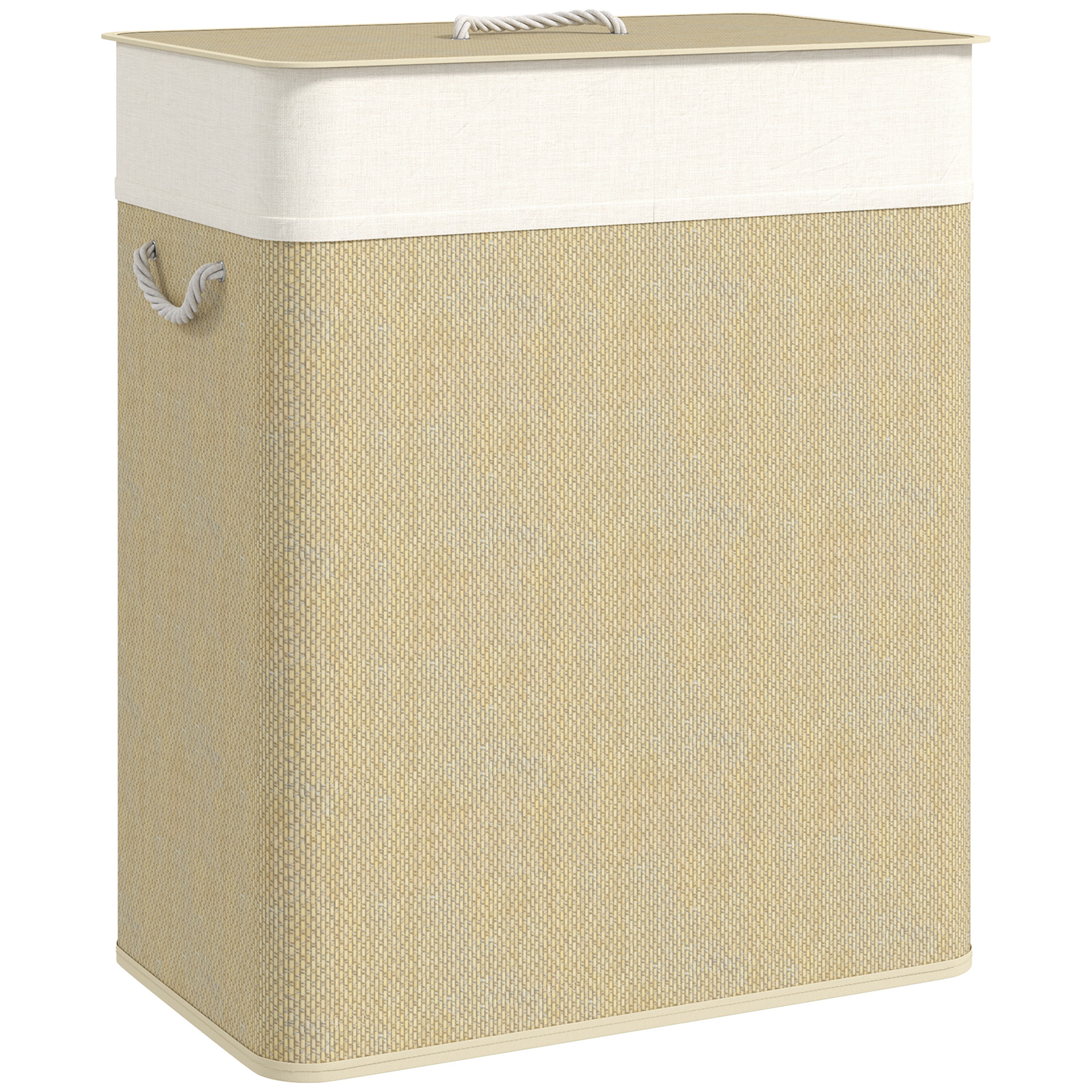 HOMCOM 2 Section Laundry Basket with Lid, 100L Bamboo Laundry Hamper with Handles, Removable and Washable Liner, Cream White