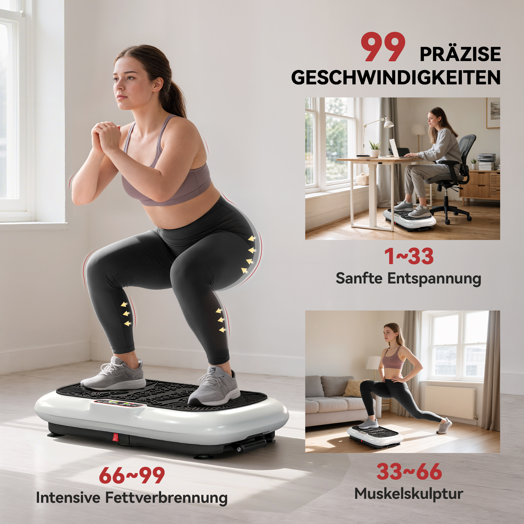Vibratsiooniplaat 99 tasemega, 2 treeningrihmaga, 73 x 40 x 13 cm, valge+must