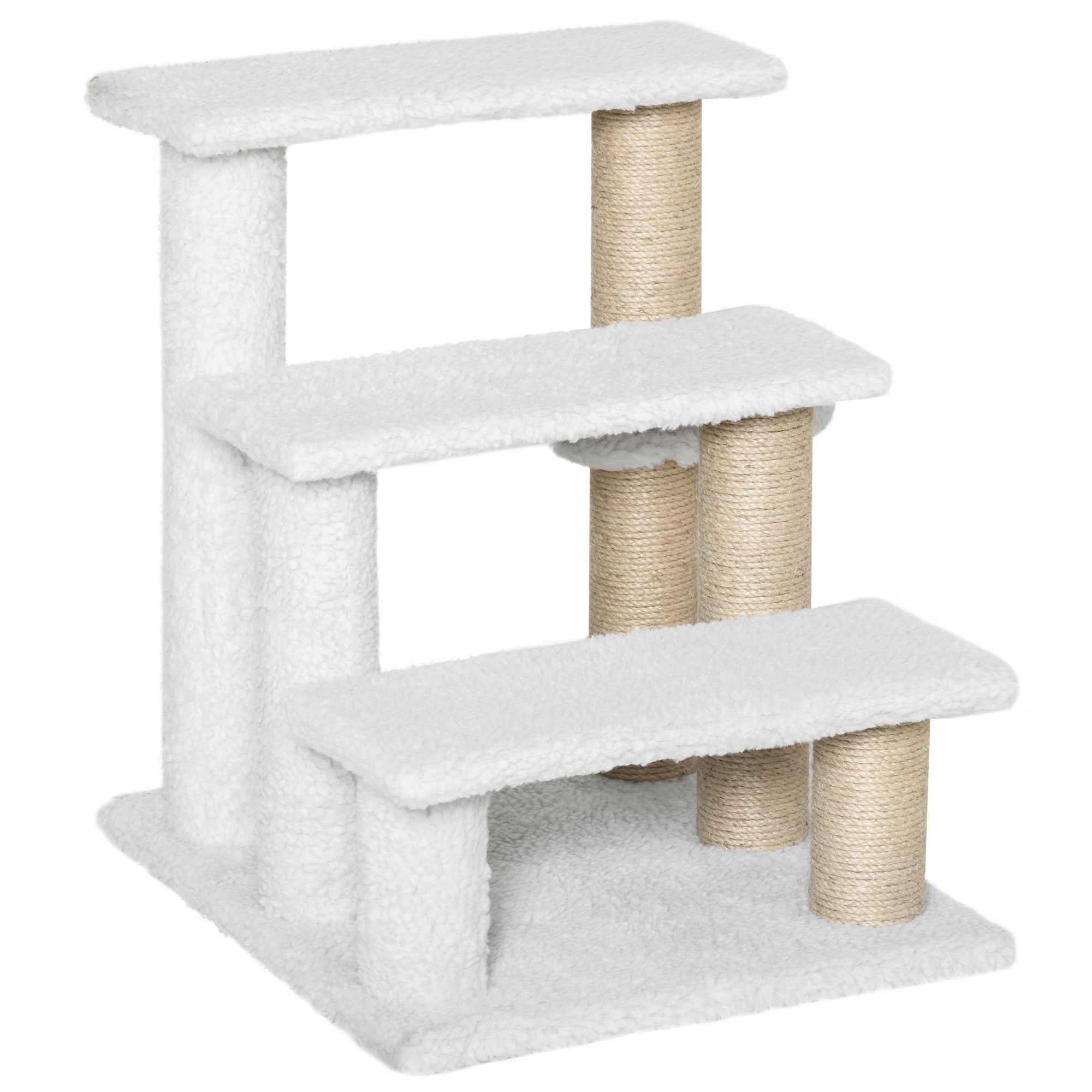 PawHut Kattentrap met 4 Treden Multifunctionele Huisdiertrap met Krabpaal en Speelbal Zachte Pluche Hondentrap 45 x 40 x 48 cm wit | Aosom.nl