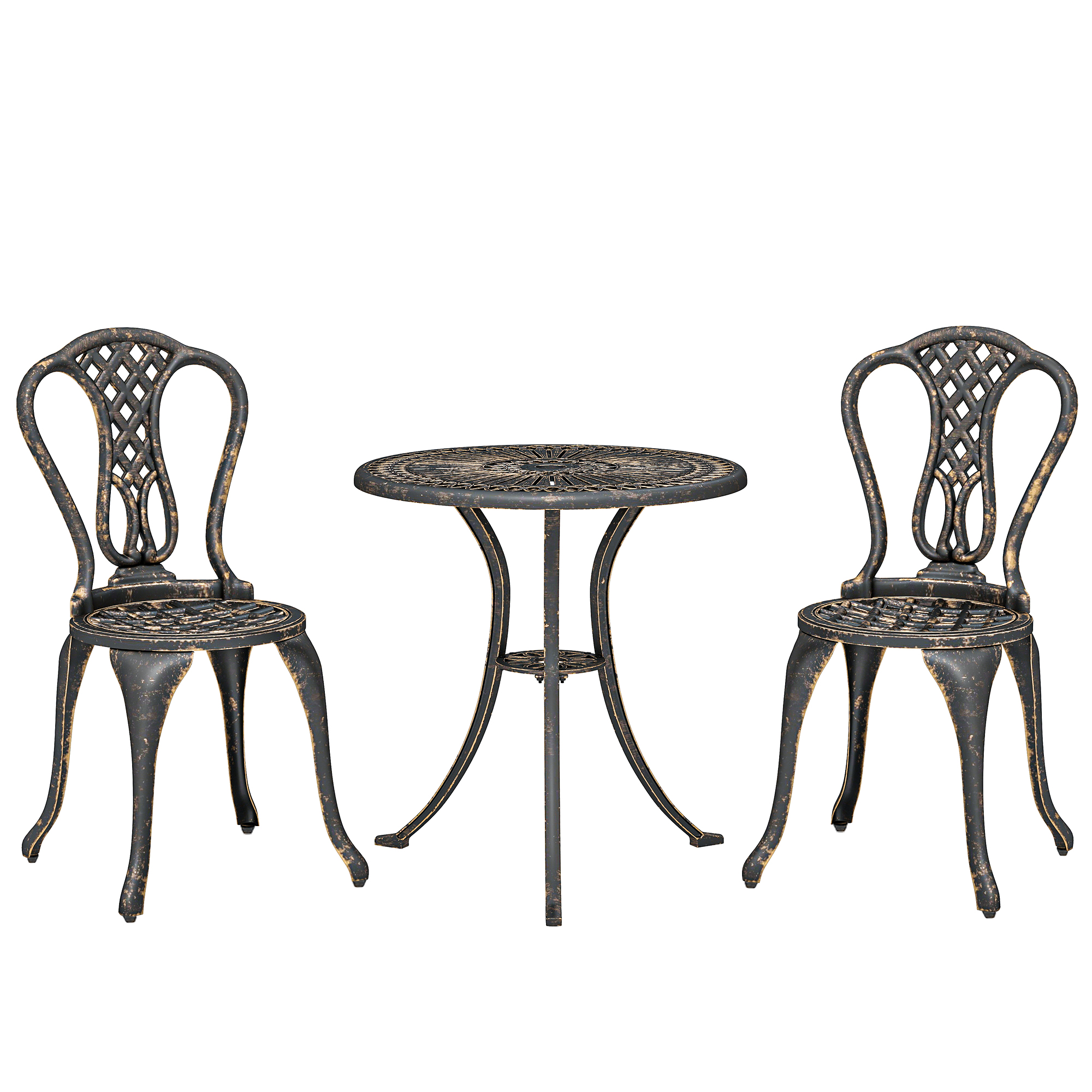 Outsunny Bronze Tone Outdoor Bistro Set For 2 Cast Aluminium Patio Furniture With Round Table Umbrella Hole Brown
