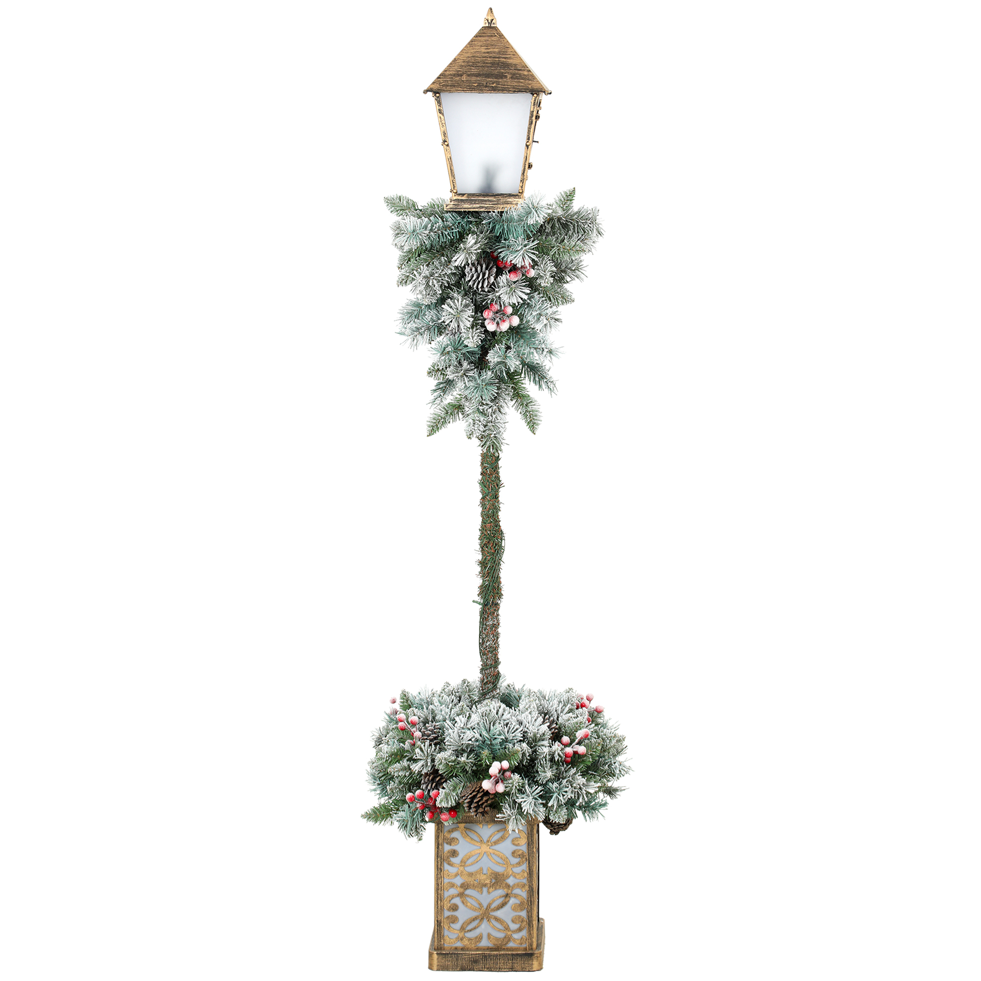 Outsunny Weihnachts-Straßenlaterne, 150 cm Weihnachtslaterne mit 50 LEDs, 215 Schneebeflockten Spitzen, Roten Beeren, Tannenzapfen, Weihnachtsdeko Wegleuchte für Außenbereich, Haustür Aosom