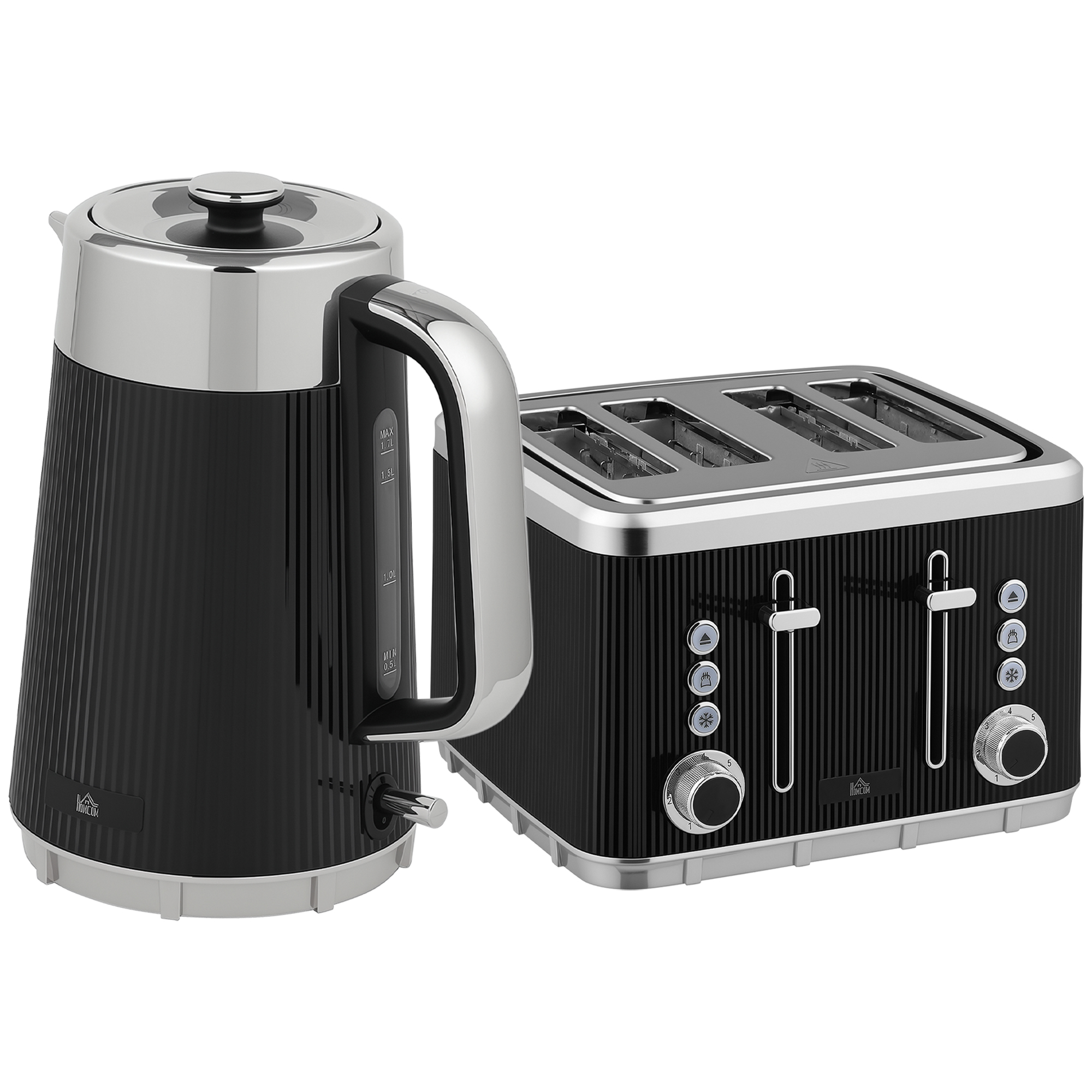 HOMCOM Electric Stainless Steel Kettle and Toaster Set, 3000W 1.7L UK Strix Thermostat Fast Boil Kettle w/ Limescale Filter, Cool Touch Body, 4 Slice Toaster with 7 Browning Levels, Black HOMCOM Electric Stainless Steel Kettle and Toaster Set, 3000W 1.7L UK Strix Thermostat Fast Boil Kettle w/ Limescale Filter, Cool Touch Body, 4 Slice Toaster with 7 Browning Levels, Black