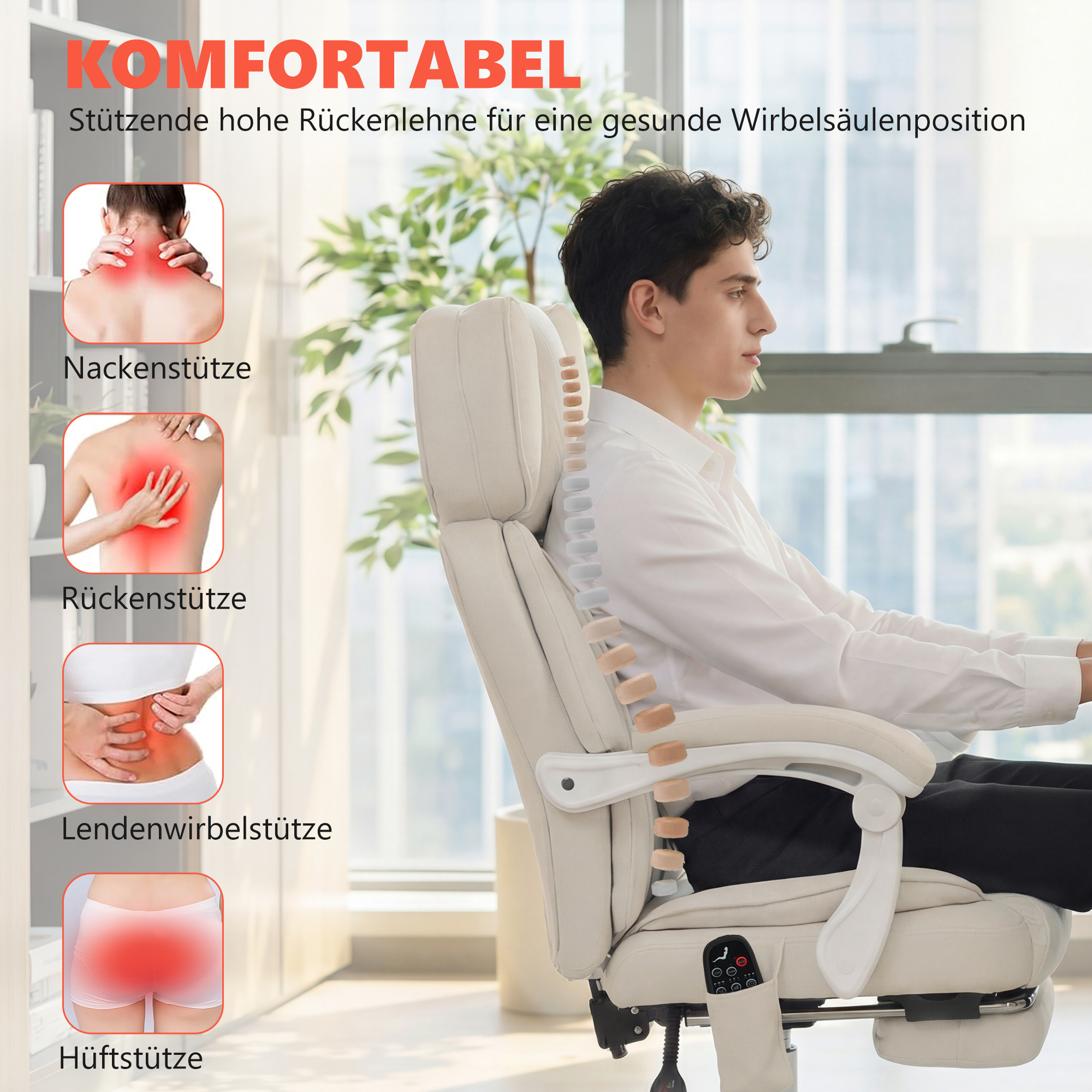 Kõrge seljatoega kontoritool vibratsioonimassaaži ja soojendusega, ergonoomiline, kallutatav, jalatoega, kreemvalge