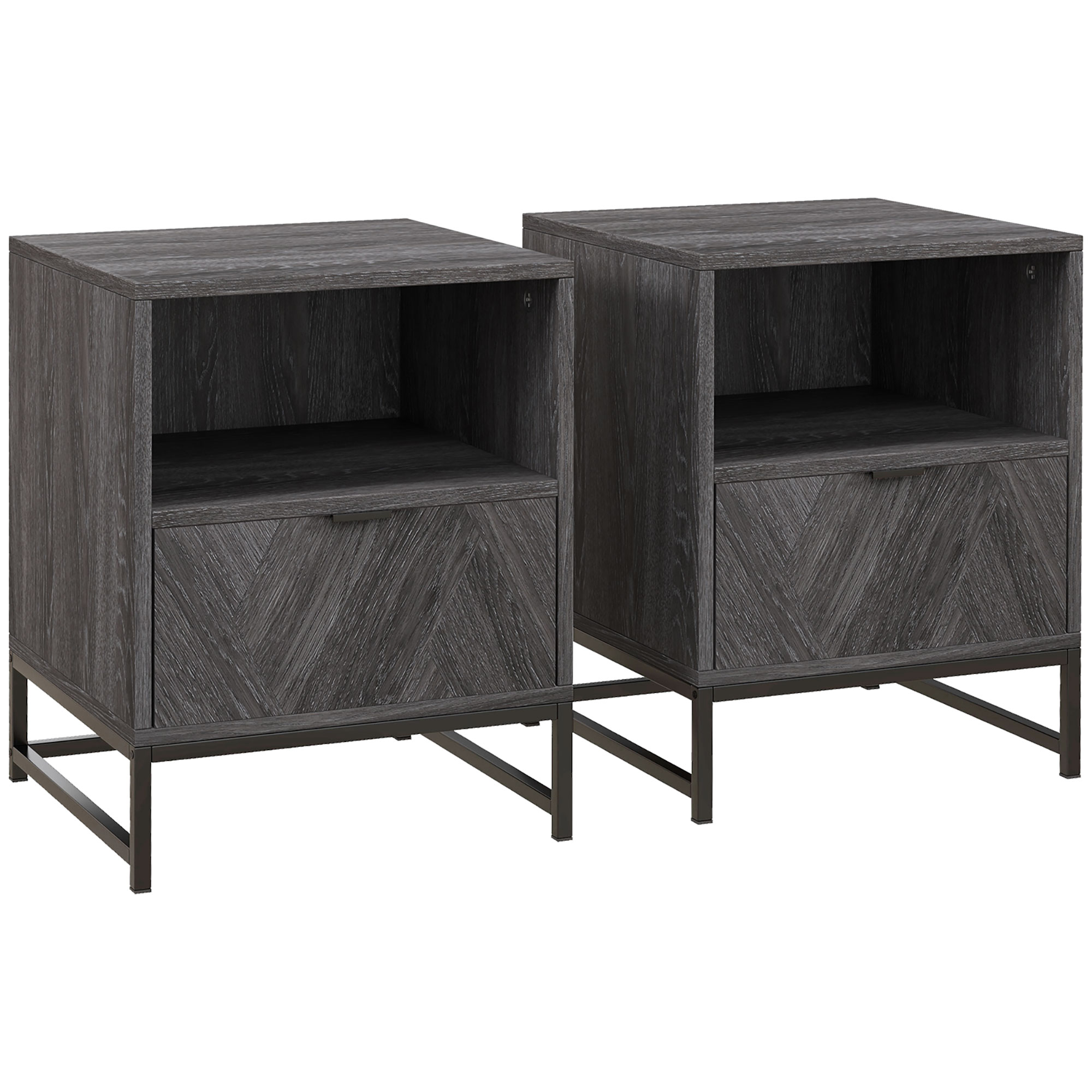 HOMCOM Bedside Cabinets: Dual Nightstands with Drawer & Shelf, Steel Legs for Living & Bedroom, Charcoal Grey   Aosom UK