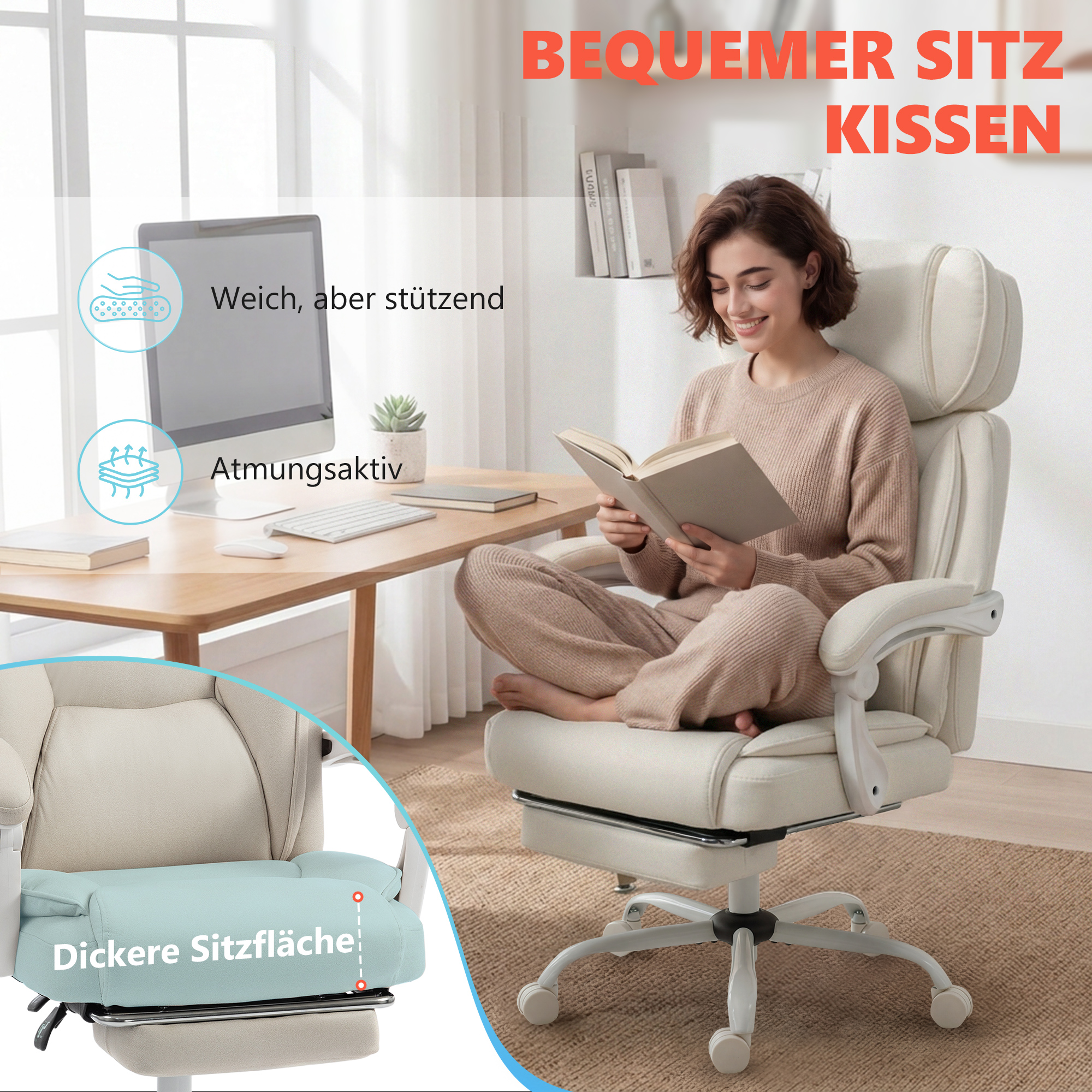 Kõrge seljatoega kontoritool vibratsioonimassaaži ja soojendusega, ergonoomiline, kallutatav, jalatoega, kreemvalge
