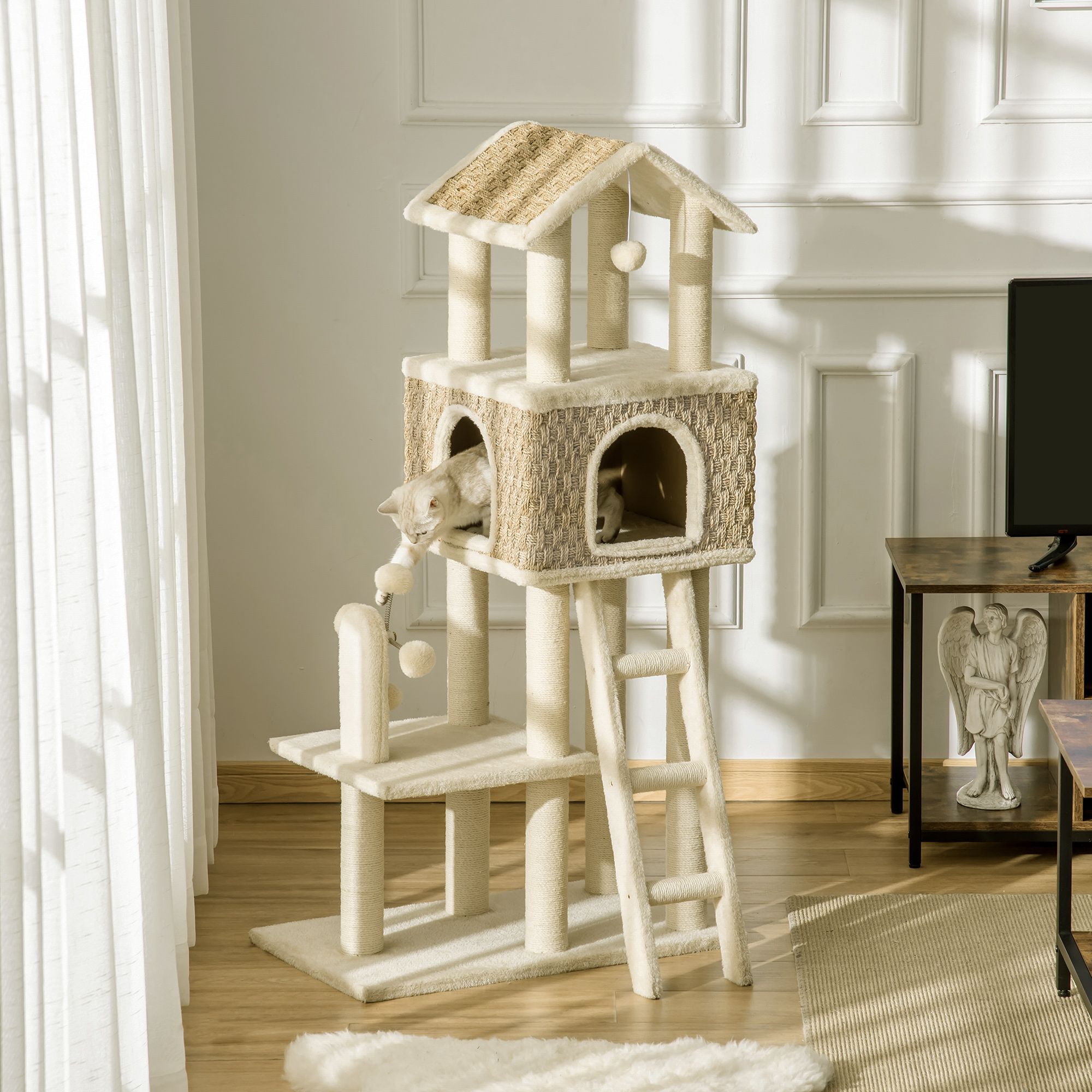 PawHut Krabpaal met Kattenhol incl. Speelgoed Sisal Pluche Khaki + Beige + Koffie