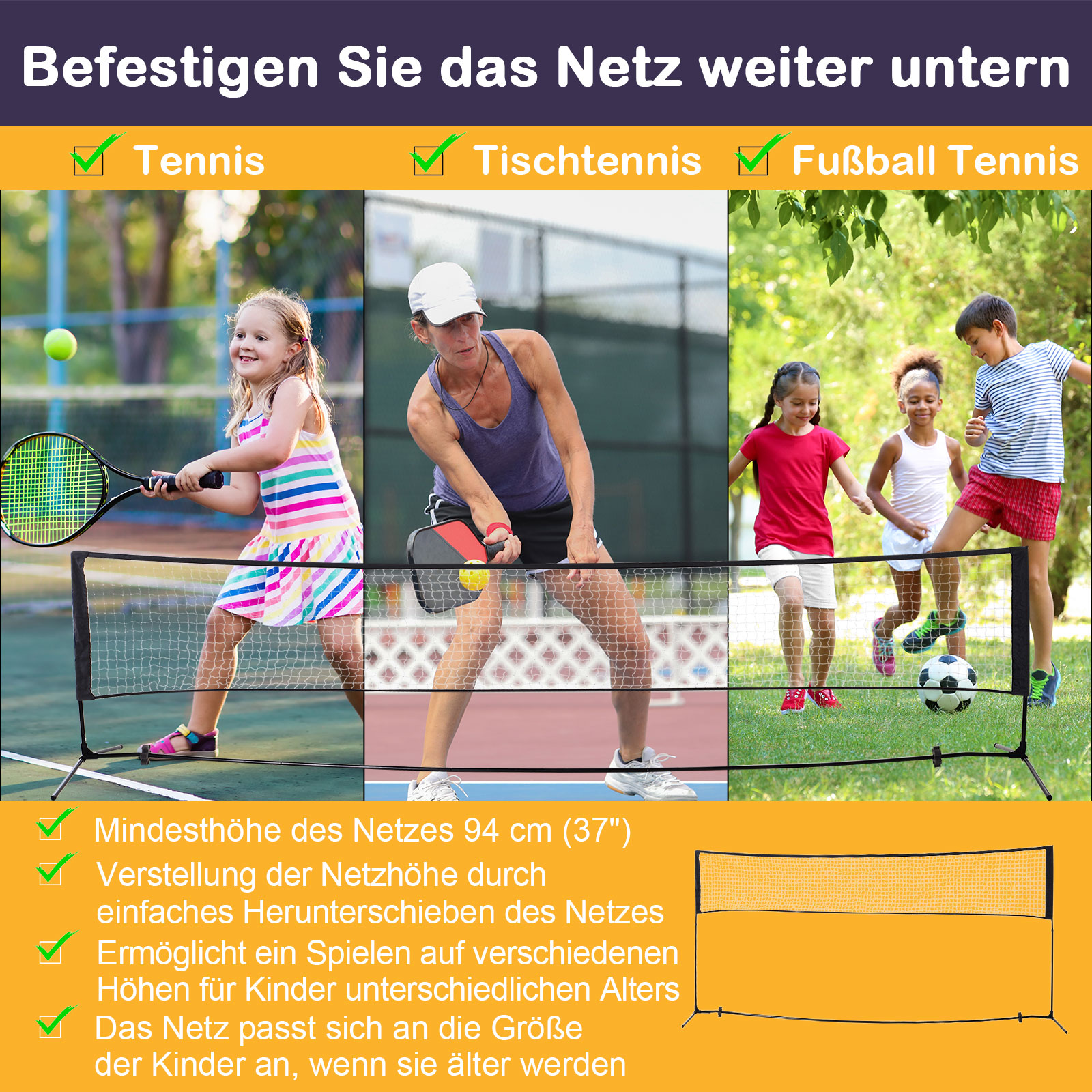Sulgpallivõrk, kahes suunas kõrgusega reguleeritav, võrkpallivõrk, tennisevõrk, kandekott, 94/158 cm, must+roheline