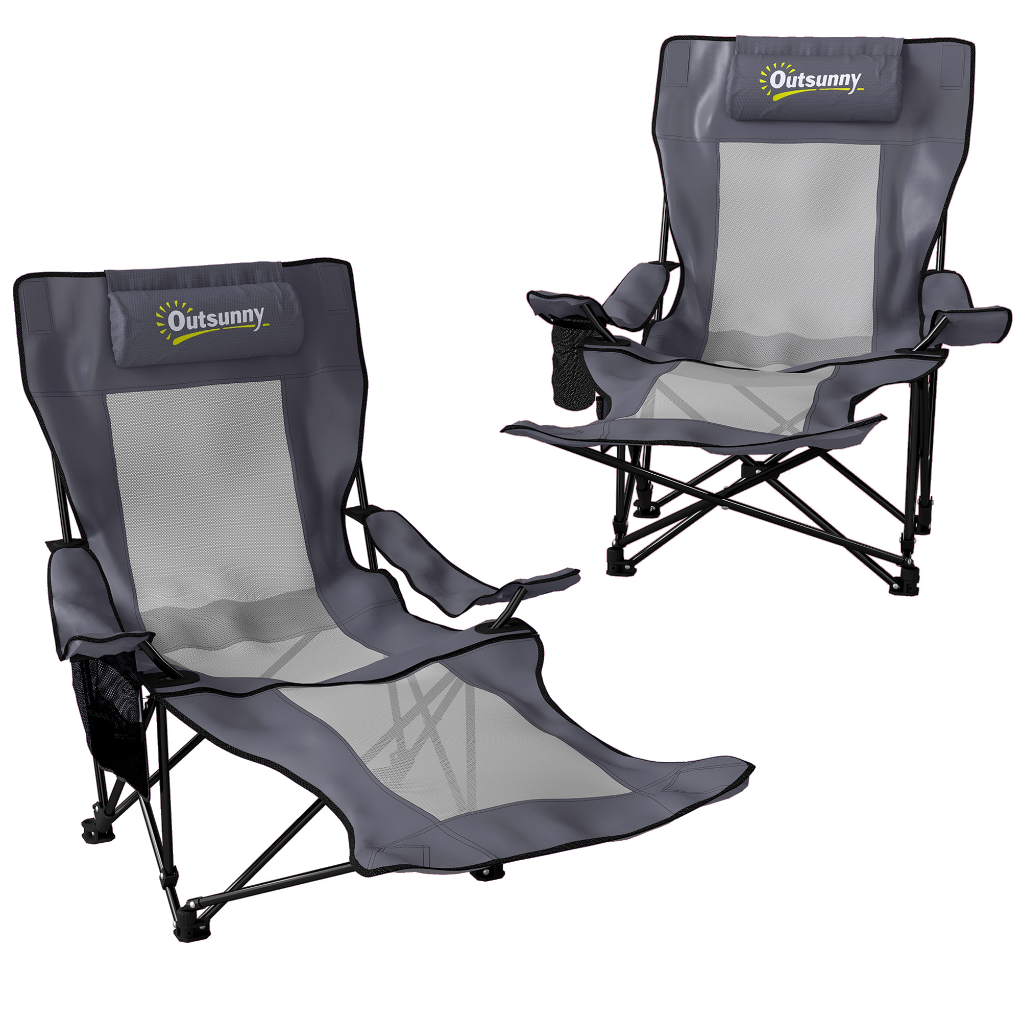 Outsunny 2er Set Campingstuhl faltbar Angelstuhl mit verstellbarer Rückenlehne Fußablage Getränkehalter Kopfstütze Gartenstuhl bis 120 kg Liegestuhl für Erwachsene Klappstuhl Strandstuhl Campingstühle Aosom