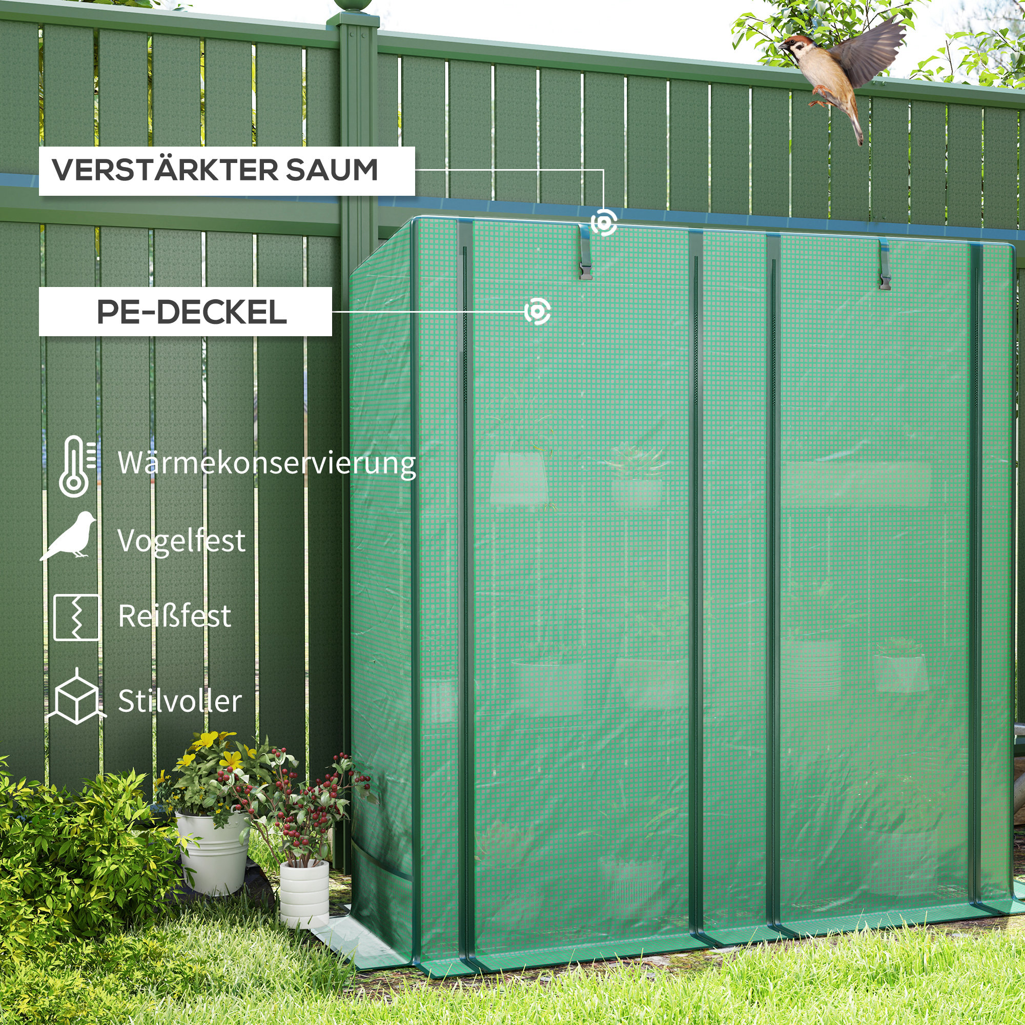 Minikasvuhoone 3-korruselise riiuliga, plastkattega, UV-kindel, kaasaskantav, rulluksega, 144 x 48 x 152 cm, roheline