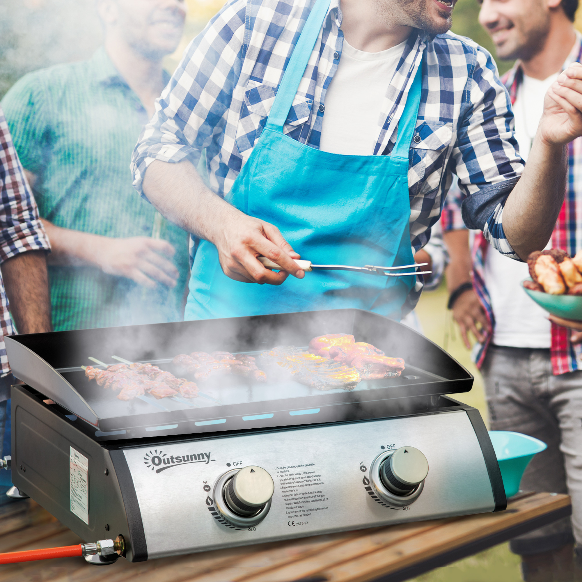 Outsunny Tischgrill Gasgrill BBQ mit 2 Brennern, Tischgasgrill mit Schlauch, Edelstahl & Metall, Antihaft-Grillplatte, ideal für Camping   Aosom.de