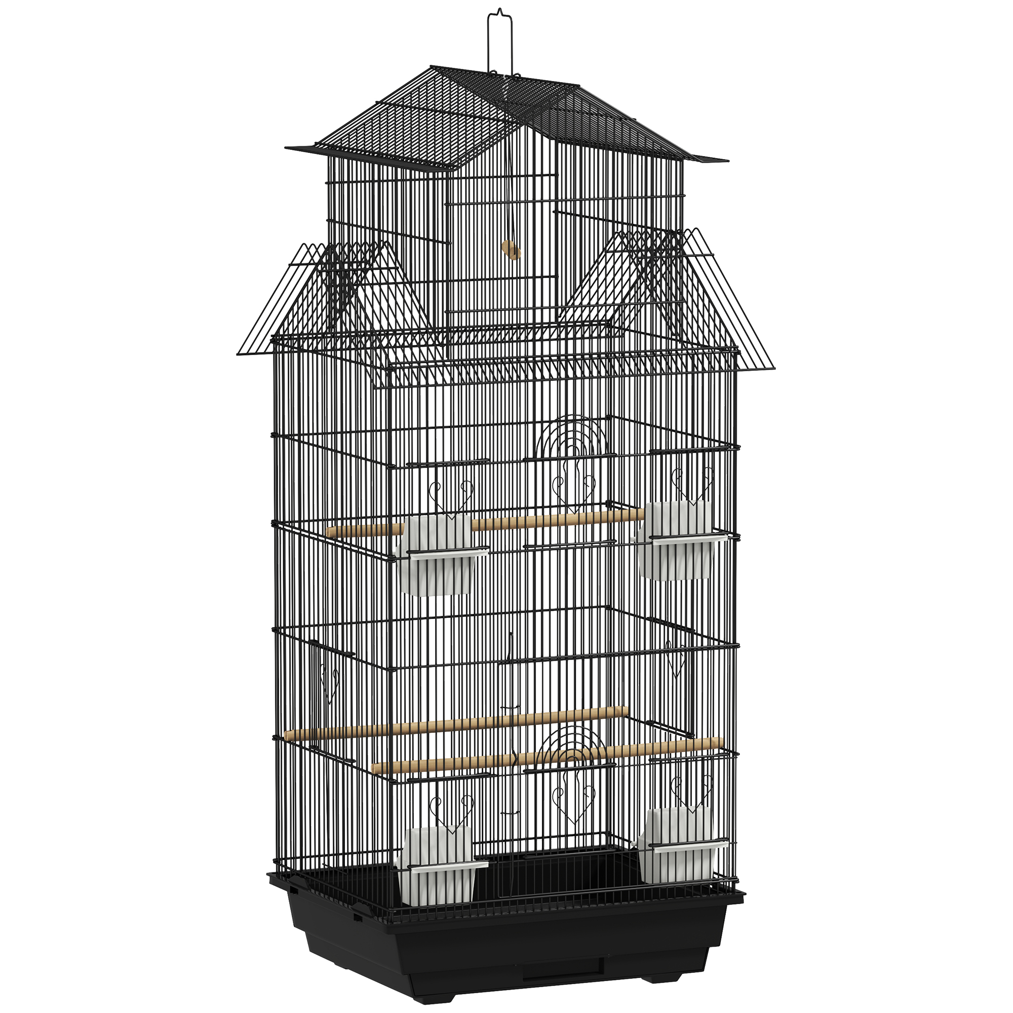 PawHut Jaula para Pájaros de Acero con Comederos Perchas Columpio y Bandeja Extraíble 50,5x41x104 cm Negro