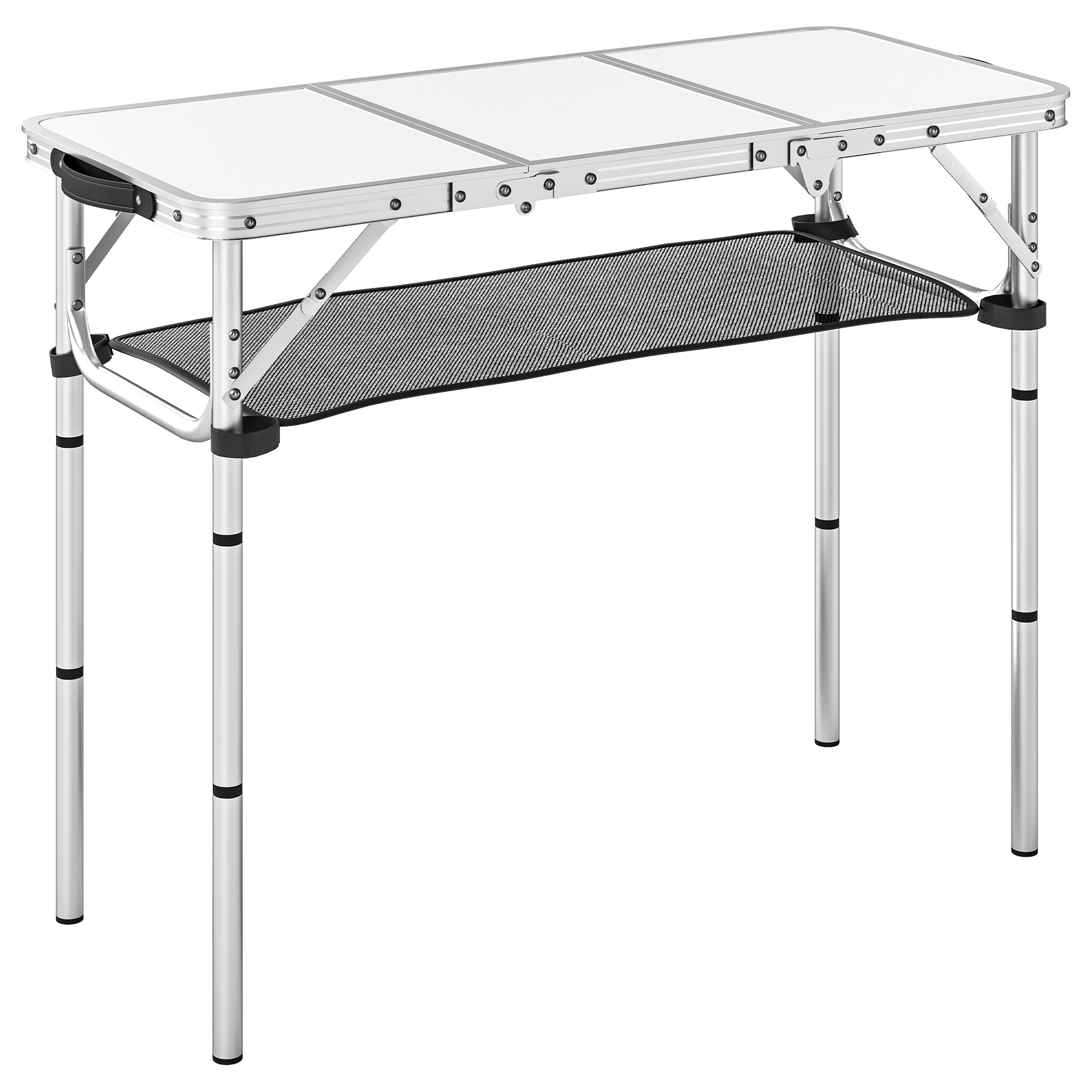 Outsunny Cream 3Ft Folding Camping Table, Picnic Table With Mesh Storage Layer, Carrying Bag And Metal Frame, White