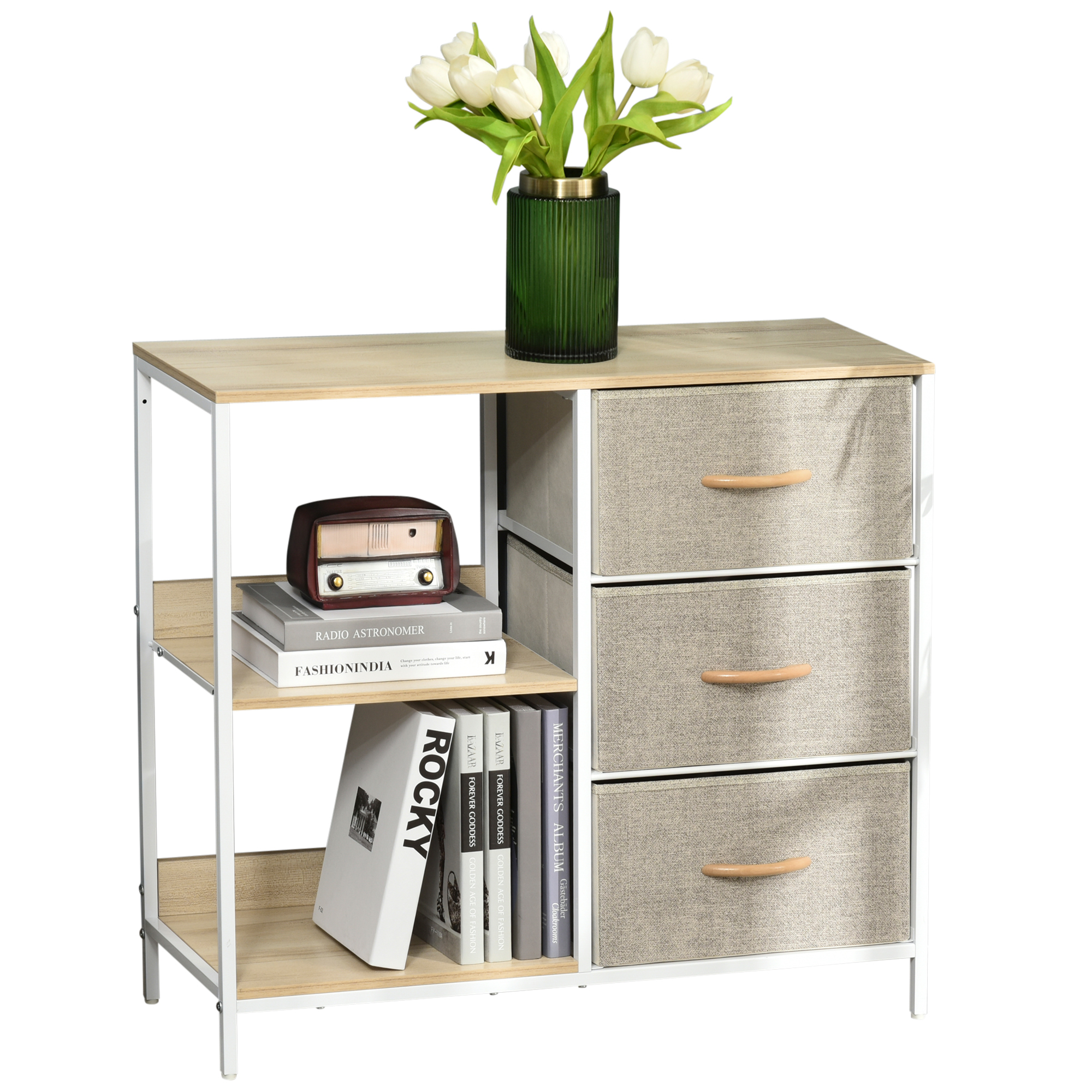 HOMCOM Storage Dresser with 3 Fabric Drawers & 2 Display Shelves, Chest of Drawers for Living Room, Bedroom, Hallway, Beige   Aosom UK