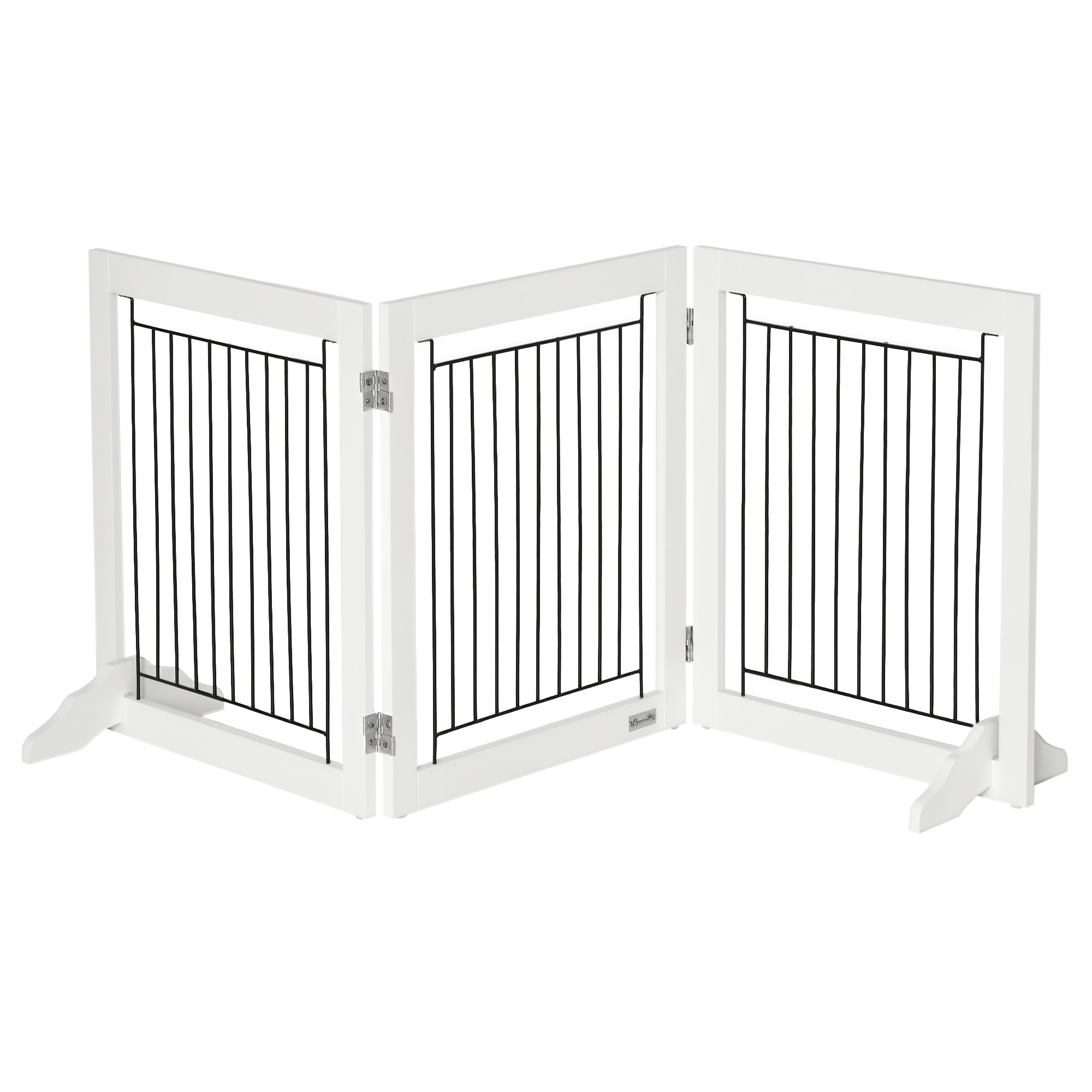 PawHut Dog Gate, Freestanding Pet Gate, Wooden Puppy Fence Foldable Design w/ 61 cm Height 3 Panels, 2 Support Feet, Doorway Stairs White   Aosom UK