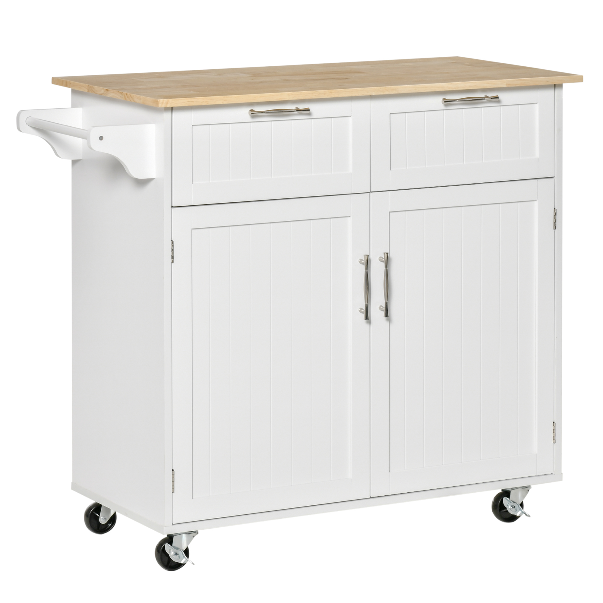 HOMCOM Isla de Cocina Mueble Auxiliar con Ruedas 2 Cajones 2 Puertas Estante Ajustable y Toallero 104x46x91 cm Blanco | Aosom España
